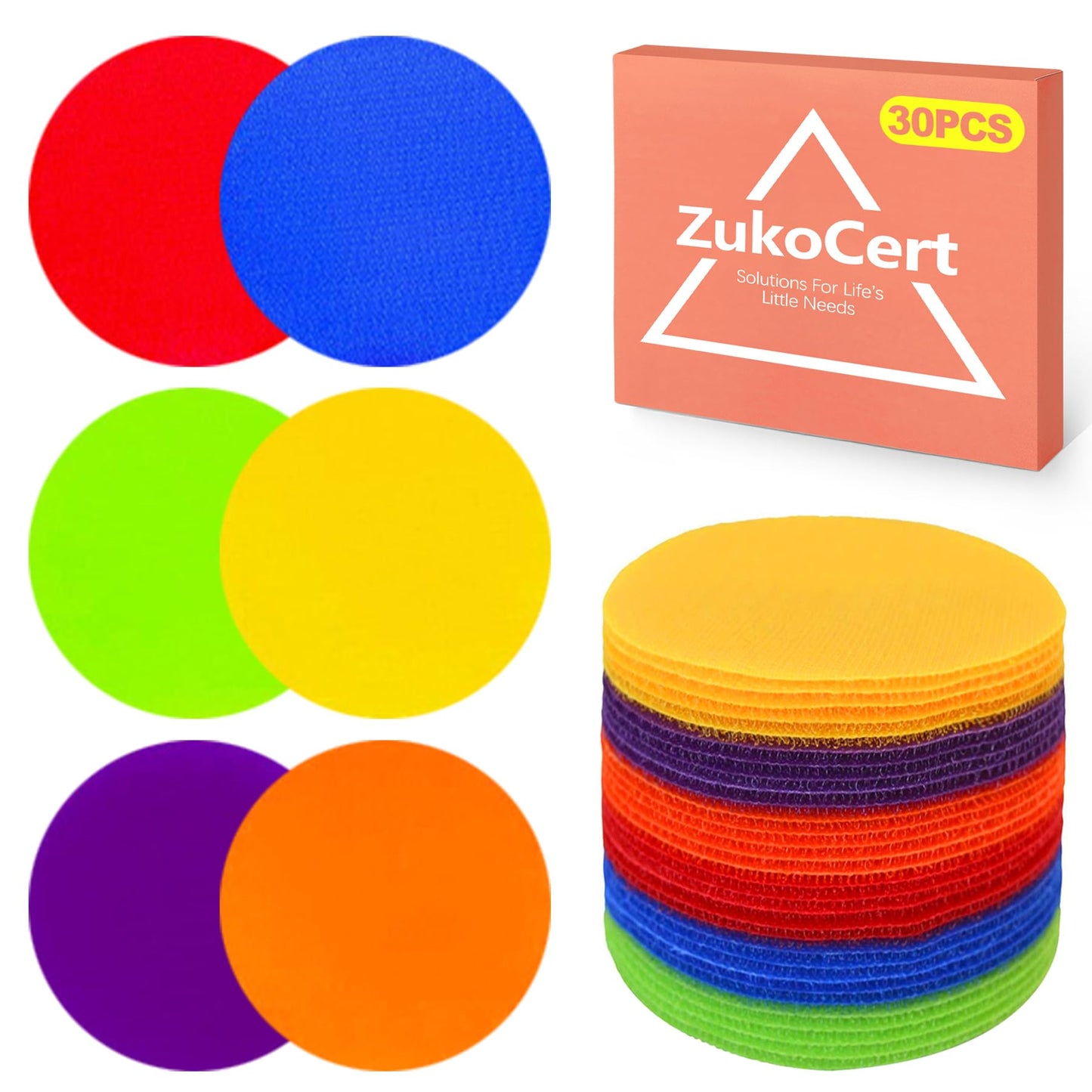 ZukoCert 30-Pack Poly Spots & Non-Floor Markers – Flat Sit Spots for Gym Class, Classroom Rugs & Kids’ Agility Training (Durable, Easy to Clean, Ideal for Fitness & School Activities)