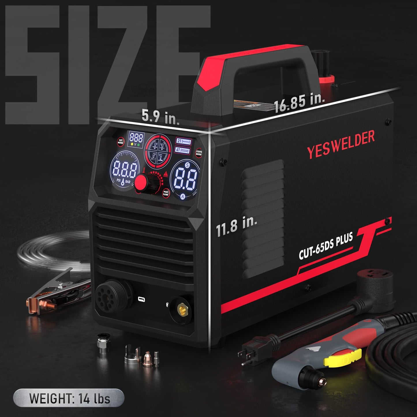 YESWELDER CUT-65DS PLUS Plasma Cutter, 65Amp 110V/220V Non-High Frequency Non-Touch Pilot Arc 4-In-1 Plate Cutting/Grid Cutting/Gouging/Marking Multifunctional Plasma Cutting Machine