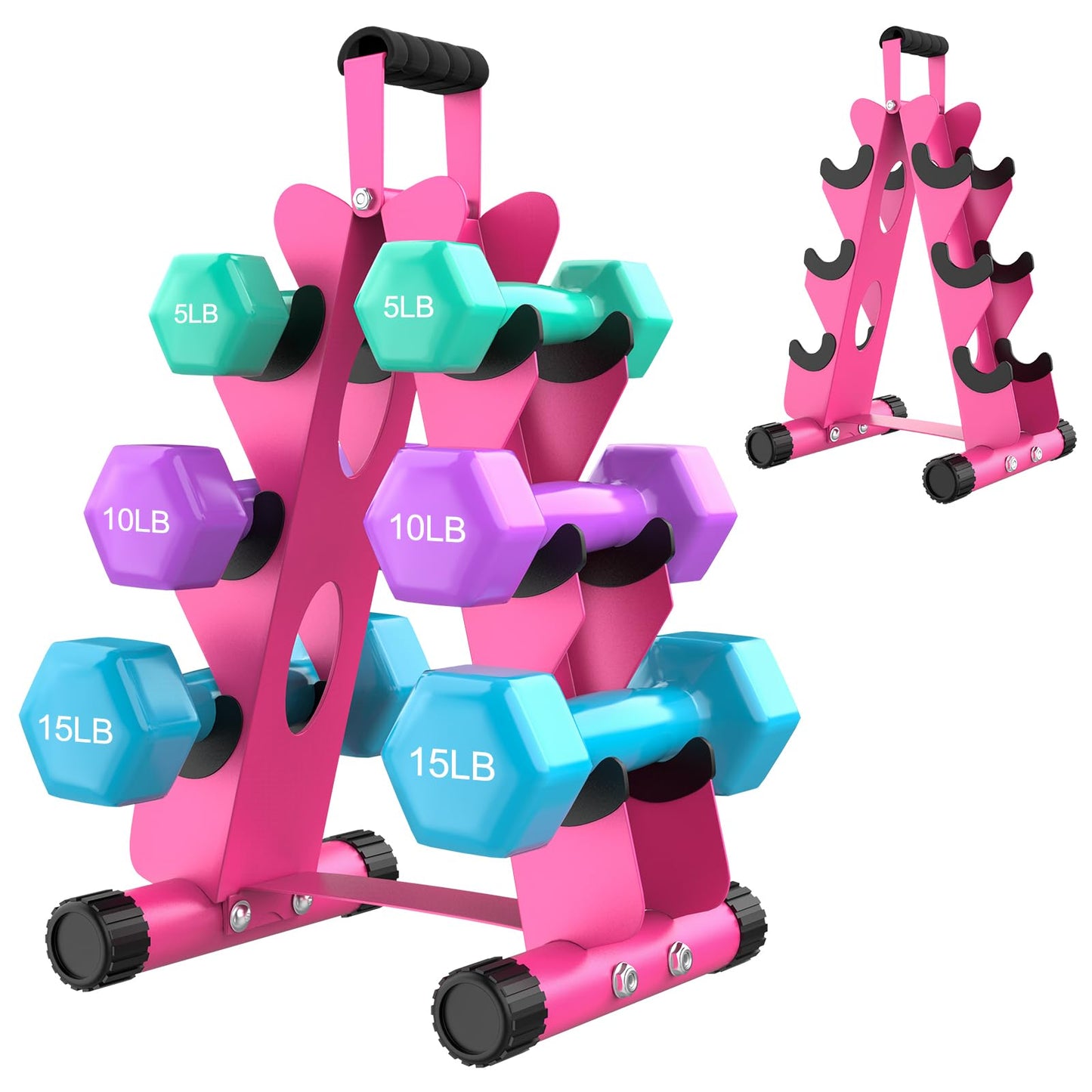 AmazeFan 5 Tier | 3-Tier Dumbbell Rack Stand Only, A-Frame Design Weight Rack with Handle, Weights Metal Strength Training Dumbbells Storage Rack for Home Gym Space Saver (Dumbells not Included) (Pink, 3 Tier)