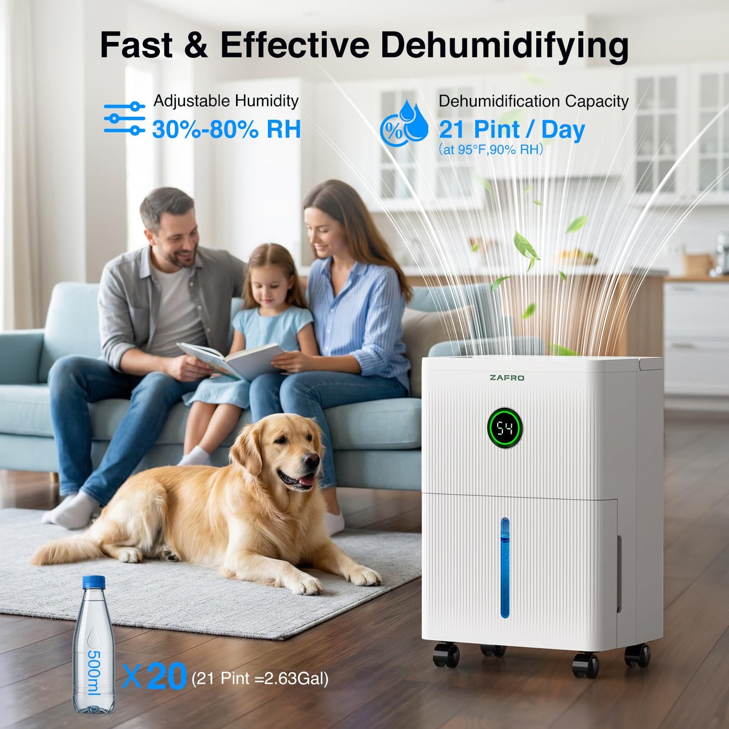 ZAFRO 1600 Sq.Ft Dehumidifiers for Home and Basement with Drain Hose, Ultra Quiet 41dB, Energy Saving Max 21 Pints Dehumidifier with Auto or Manual Drainage, Auto Defrost, Three Modes, Dry Clothes