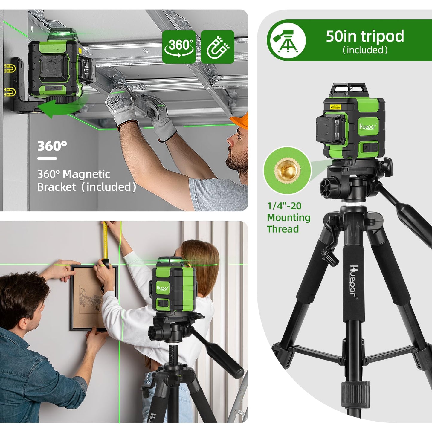 Huepar Laser Level 360° with Tall Tripod, Self Leveling Rechargeable Lazer Leveler for Construction and Picture Hanging, Nivel Laser with Pluse Mode for Outdoor, Hard Carry Case, 50" Tripod, Glasses