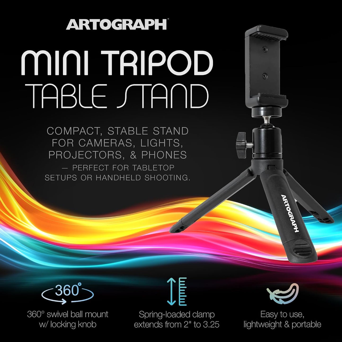 Artograph Mini Tripod Tabletop & Handheld Stand for Digital Projectors & Phones, Lightweight, Portable and Convenient