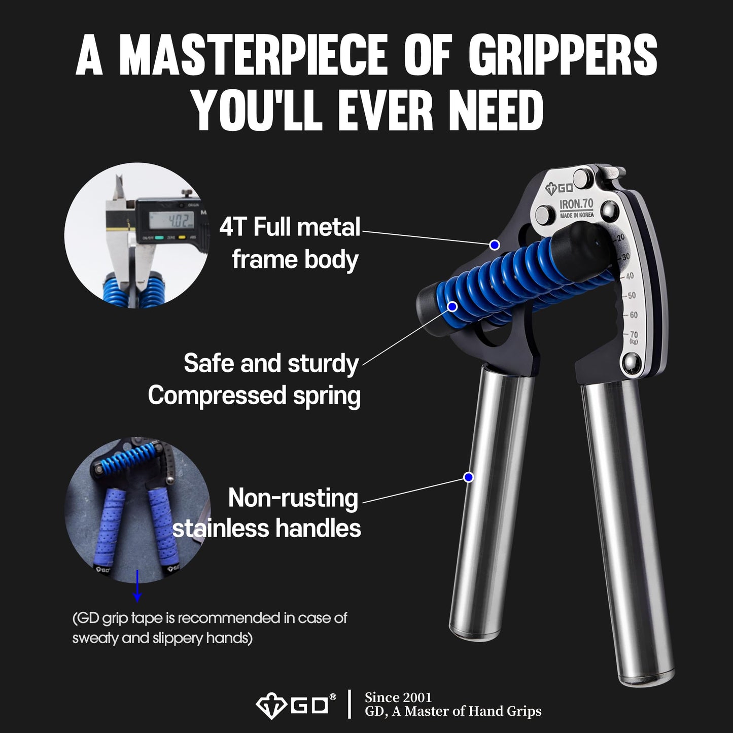 GD IRON GRIP 70(S) Adjustable Hand Grip Strengthener, 44~154lbs Grip Strength Trainer Premium Forearm Strengthener Hand Gripper for Grip Strength