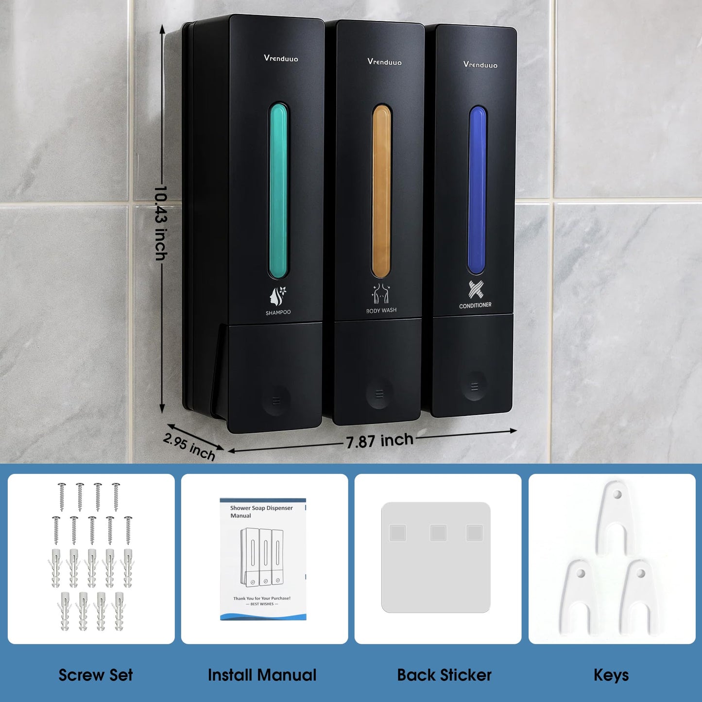 VrEnduuo Shampoo and Conditioner Dispenser,Shower Dispenser 3 Chamber No Drill,Shower Soap Dispenser Wall Mounted for Bathroom Hotel with Upgrade Pump Head,3 * 400ml(Black 3 Chamber)