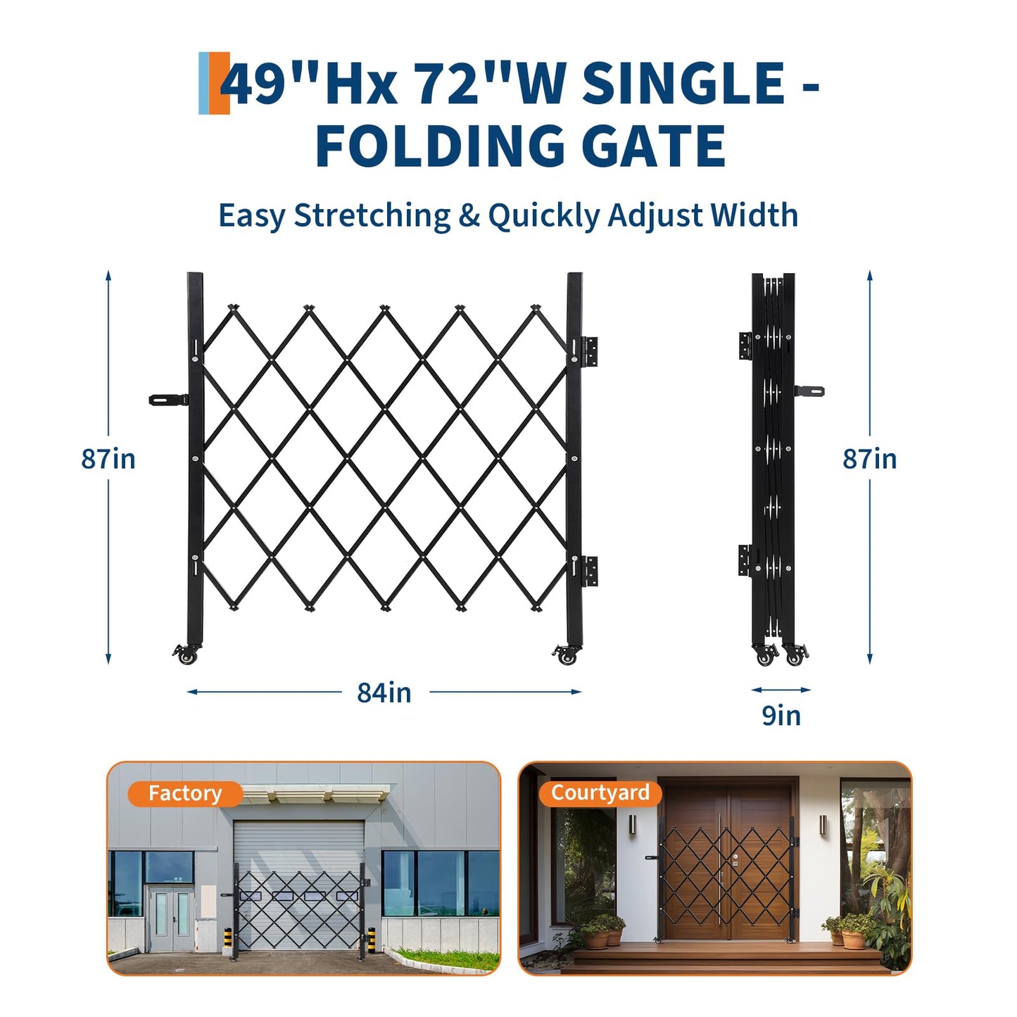 Single Expandable Gate, 87" H x 84" W Folding Security Gate, Folding Door Gate, Steel Accordion Security Gate, Flexible Garage door gate, 360° Rolling Barricade Gate, Scissor Gate or Door with Padlock