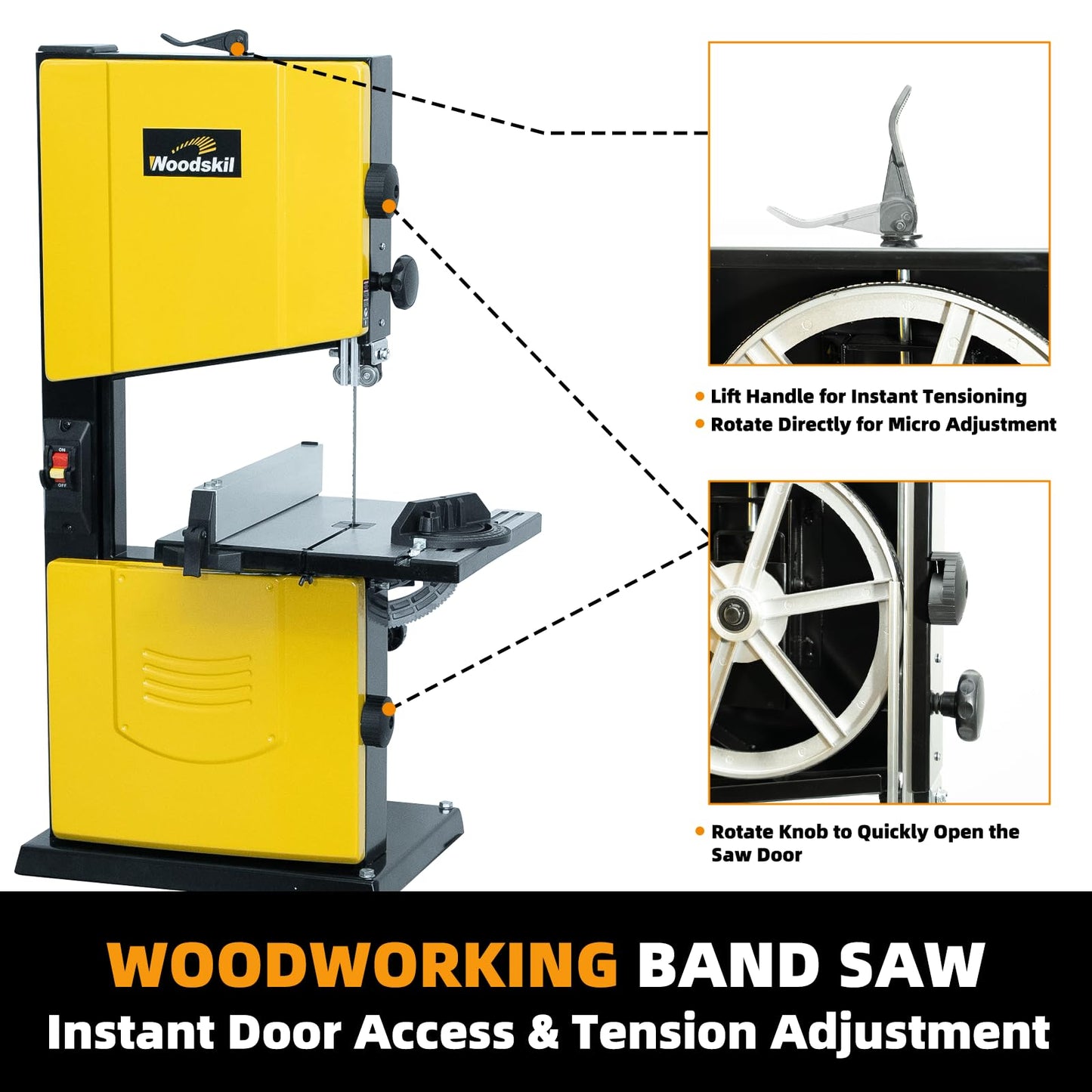 Woodskil 10 Inch Dual Speed Band Saw with Stand, 4.3A 2360/3000 FPM Benchtop Bandsaw with Quick Tension System & Quick Tool-Free Doors for Hard & Soft Woodworking, DIY