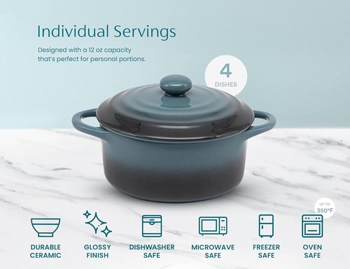 Kook Ceramic Mini Cocotte Set - Small Casserole Dishes with Lids | Oven Safe 350°F, 12 oz, Set of 4 (Stone Ombre)
