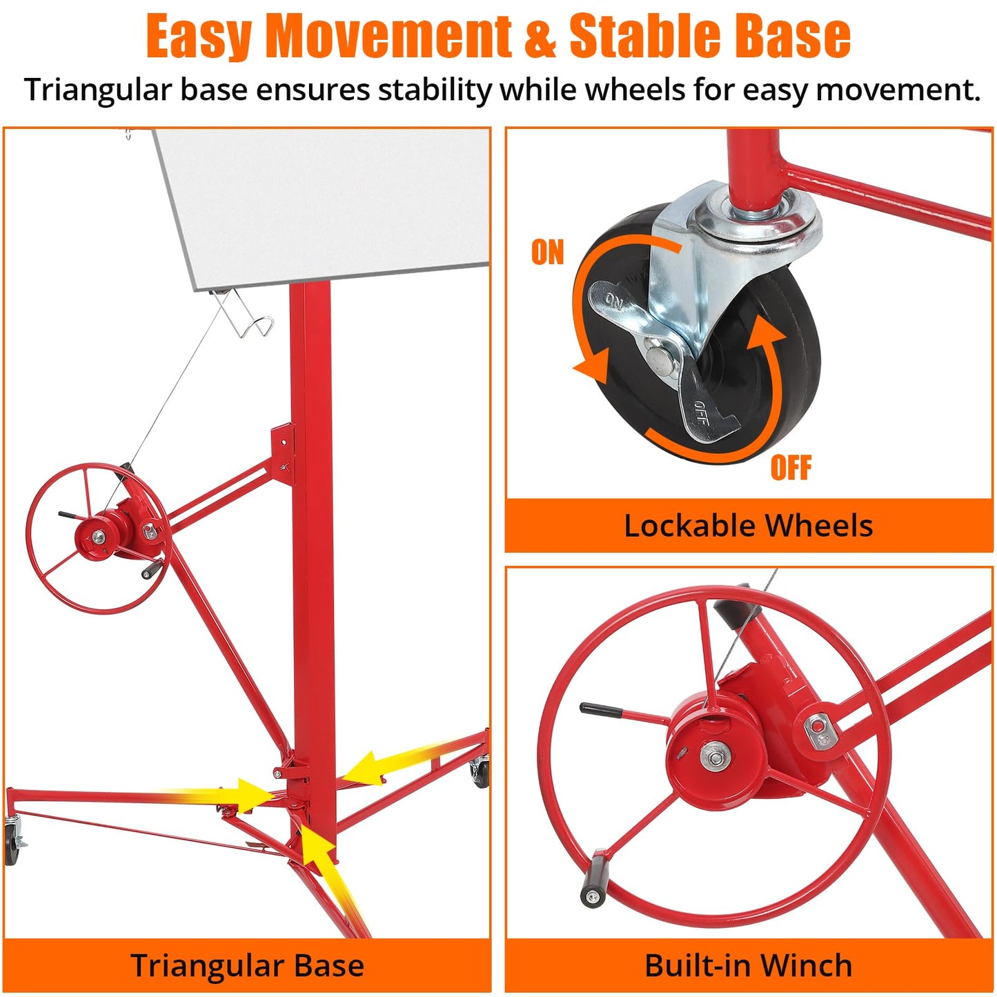 Garvee Drywall Lift 16 ft, Drywall Jack Lift for Ceiling, Adjustable Panel Hoist, 150 LBS Heavy Duty Drywall Lifter, 3 Lockable Wheels Foldable Sheetrock Lift for Home Improvement, Red