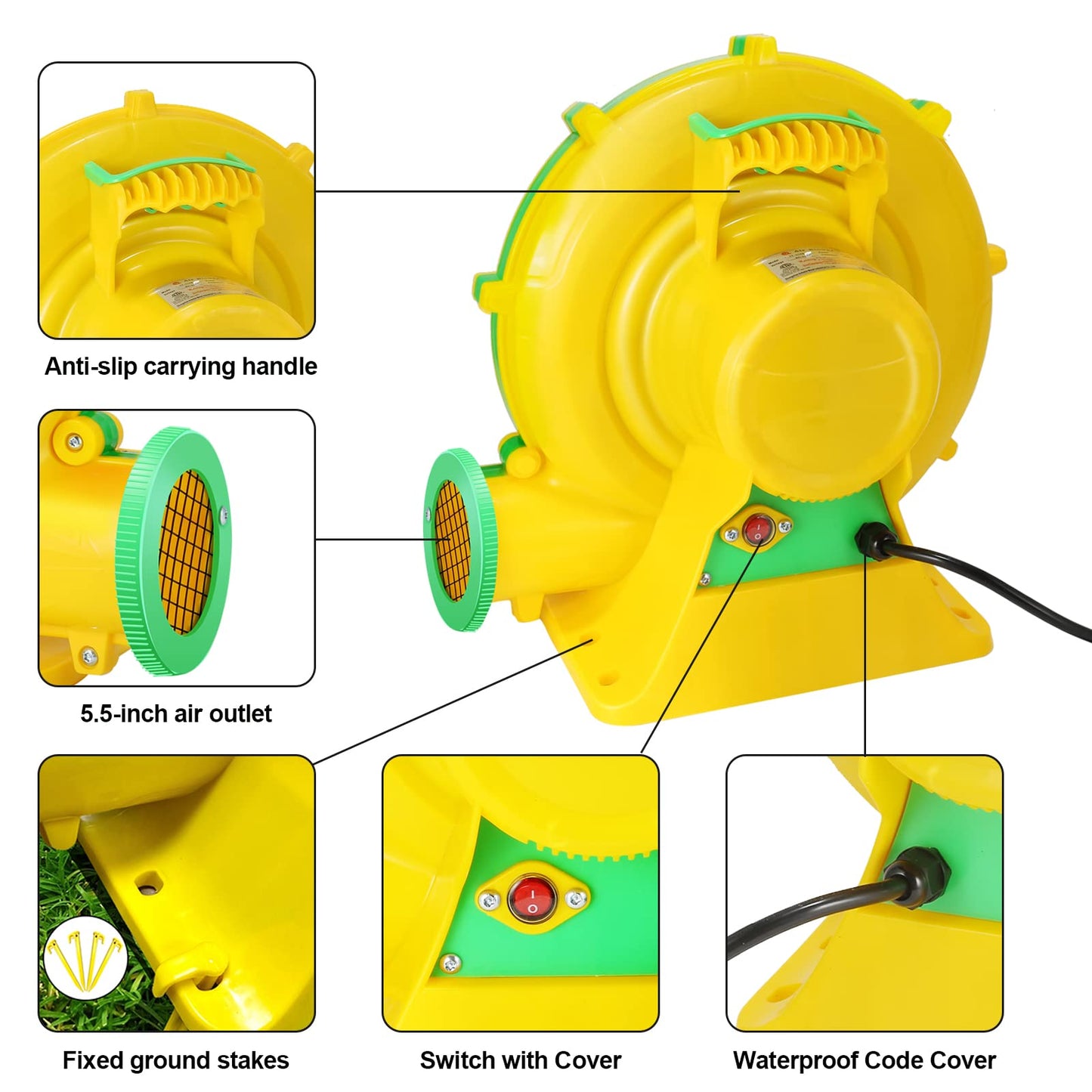 Bounce House Blower, 1100W/1.47HP Commercial Air Blower with Double-Sided Fan Blade Design, Strong Wind and Great Heat Dissipation Properties for Bouncy Castle, Jump Slides, Arch, Inflatables