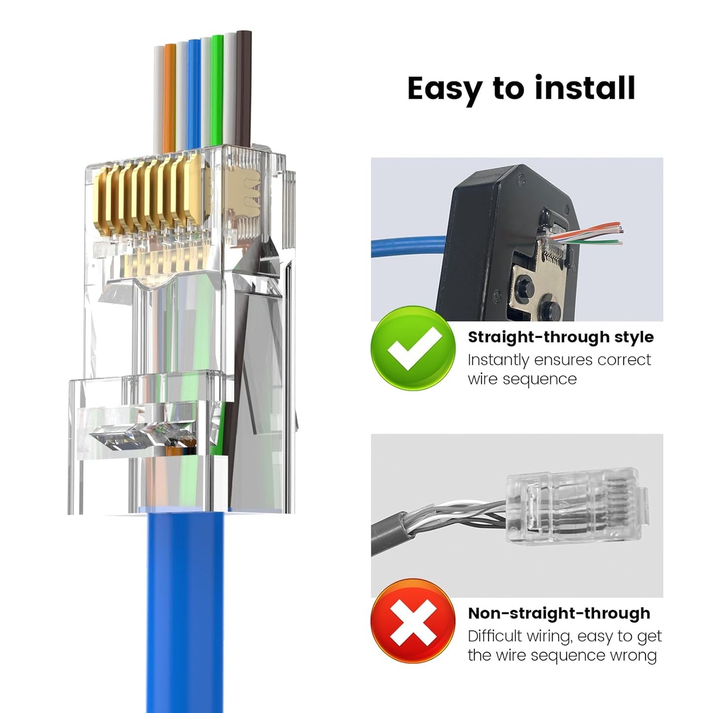Cat6 RJ45 25 Pack, 10Gbps MOGOOD Pass Through Connectors Ethernet Modular Plug for Solid/Stranded UTP Cable, Easy Crimp