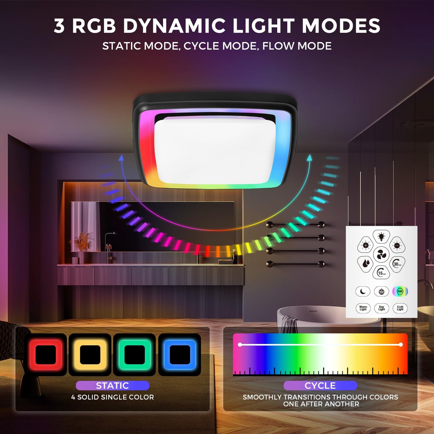 Akicon Bathroom Exhaust Fan with RGB Light, 110 CFM 1.5 Sones Bathroom Vent Fan with Humidity Sensor & Dimmable 3CCT LED Light, Square, Black, No Wall Switch Required