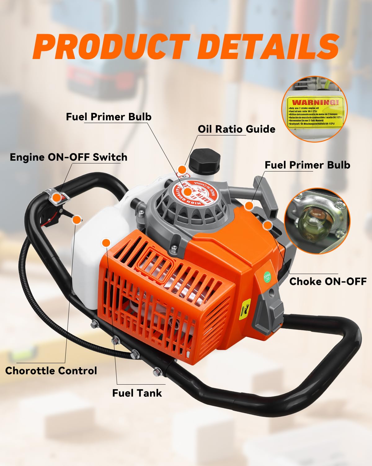 NEO-TEC 72CC Post Hole Digger Auger Drill Gas Powered 2-Stroke & 6" 10" Drill Bits + 1 Extension Bar, Earth Auger Petrol Drill Borer for Garden Lawn Auger Drill Bit for Planting