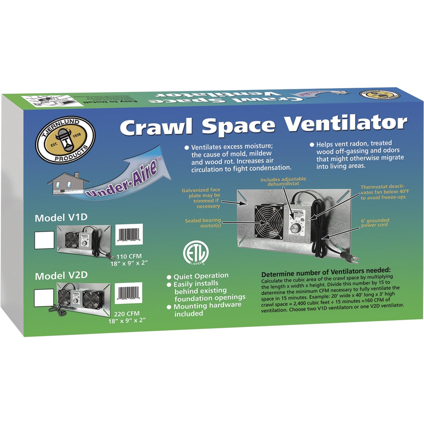 Tjernlund V1D UnderAire Crawlspace Ventilator Fan Moisture Mold Reducing, 110 CFM