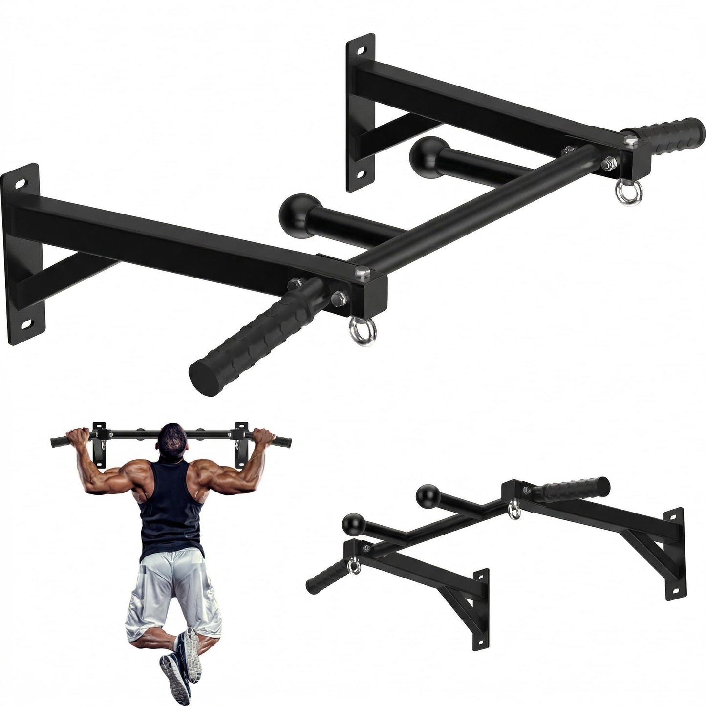 HWOOUSA Wall Mount Pull Up Bar, Heavy Duty Steel PullUp Bar Fits Wood Studs, Multi Grip Pull Up Bar with Ball Finger & Round Rings, for Home Gym Garage Basement Strength Training Chin Up Bar