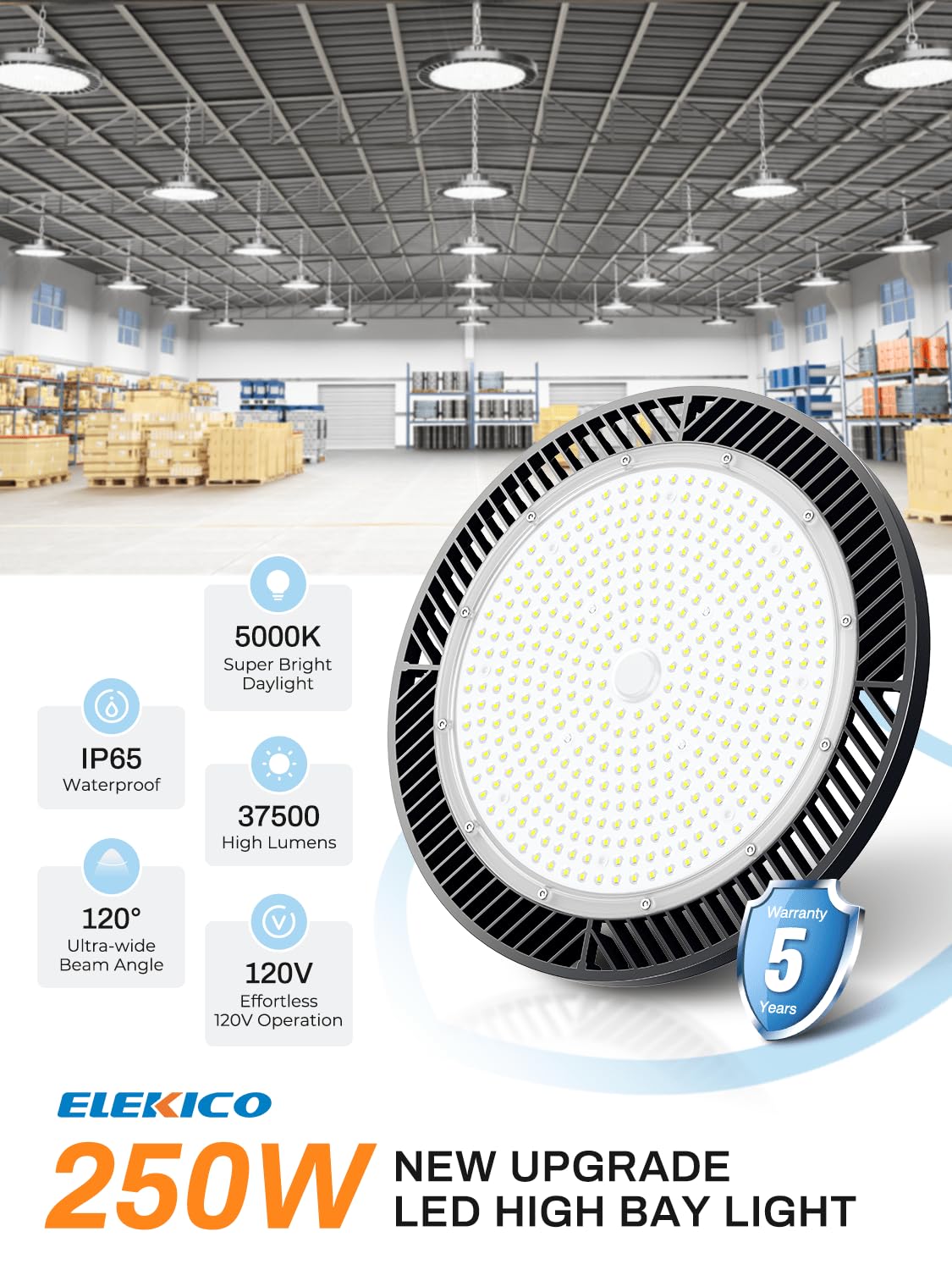 ELEKICO Super Bright 250w UFO LED High Bay Light 37500lm with Plug 5ft Cable (Eqv.1000w Mh/Hps/Hid),5000k High Bay Led Shop Lights Garage Lighting for Garage Factory Workshop Warehouse Barn -6pack