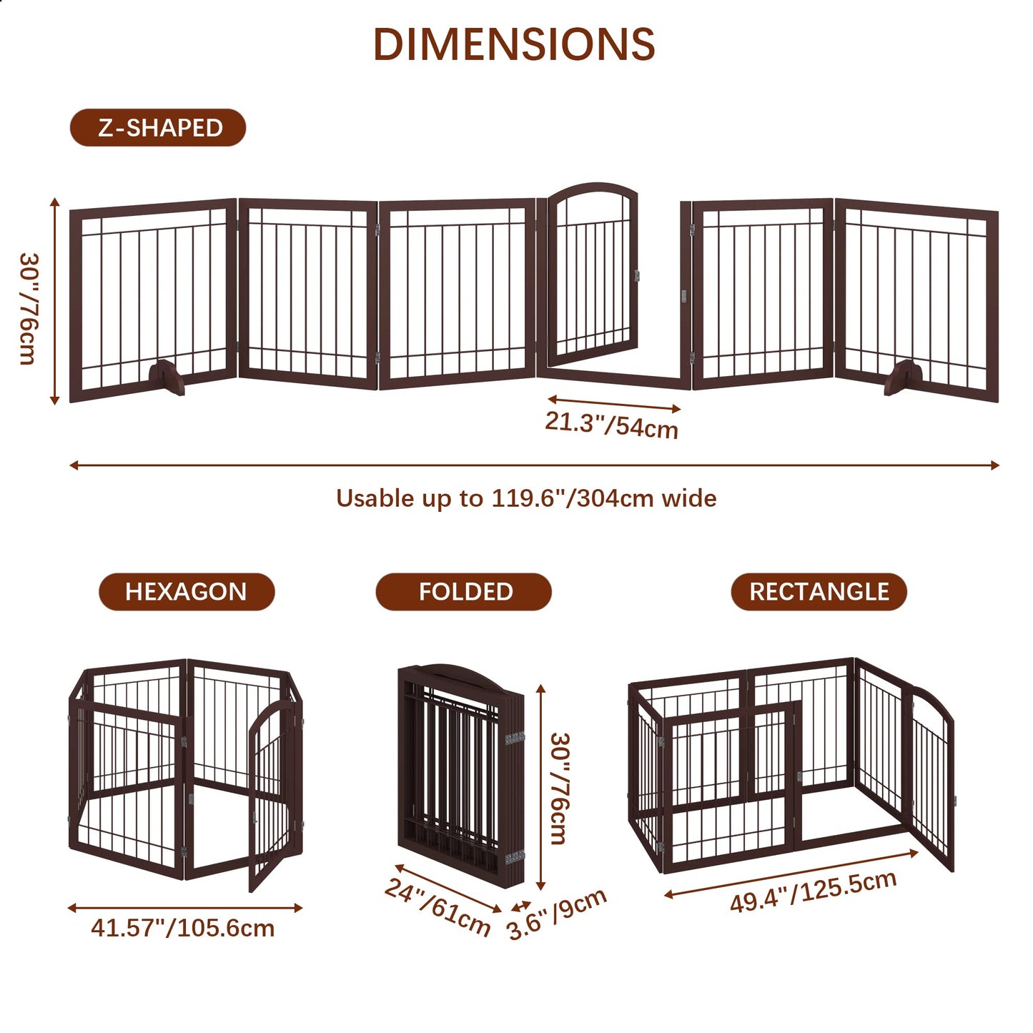 JSB 144-inch Extra Wide 30-inch Tall Dog gate with Door Walk Through, Freestanding Pet Gate for Halls, Stairs & Home, Pet Puppy Safety Dog Fence with 2PCS Support Feet (Espresso)