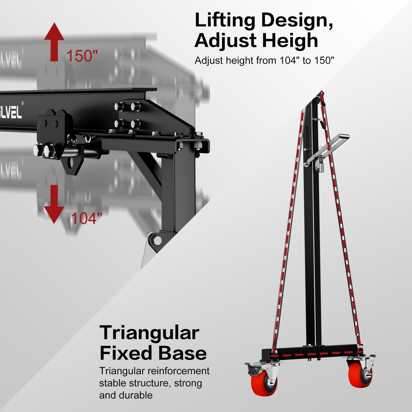 SILVEL Gantry Crane 1 Ton MAX3000LBS, Adjustable Height 8.53 to 12.47ft with Triangle Base, Portable I-Beam Hoist for Factory, Warehouse, Auto Repair & Construction, Black