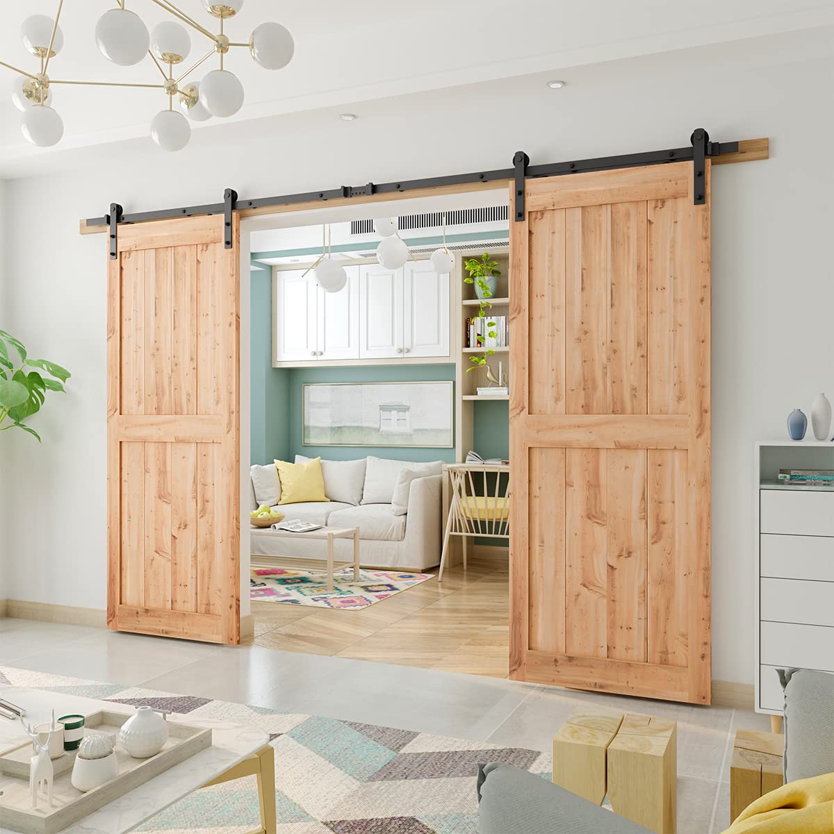 SMARTSTANDARD 11ft Heavy Duty Sturdy Double Sliding Barn Door Hardware Kit -Smoothly and Quietly -Easy to Install -Includes Installation Instruction Fit 33" Wide Door Panel (I Shape Hanger)