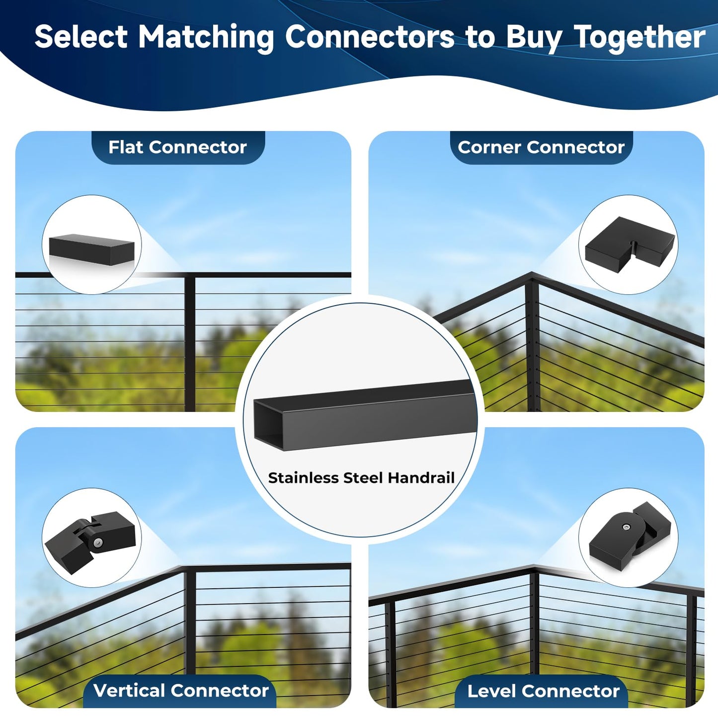 Gyykzz 6FT Stainless Steel T304 Handrail Black with POM Connector, 4 Pack Rectangular Cable Railing Handrail Flat Deck Top Rail with SS304 End Caps for Indoor Outdoor Deck Stair Cable Railing System