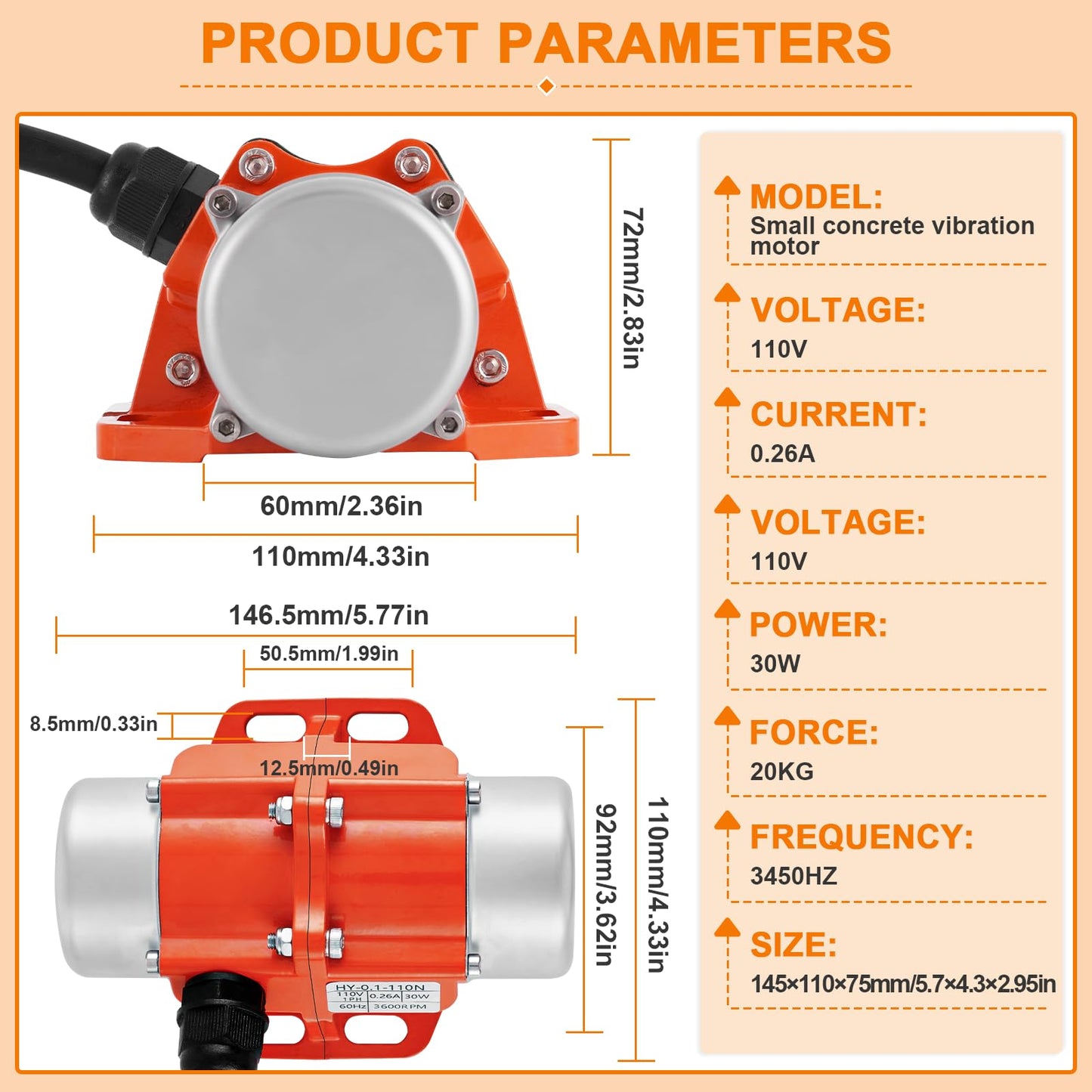 30W Concrete Vibrator Screen with Speed Controller and US Plug and 250W Concrete Vibrator Vibration Motor