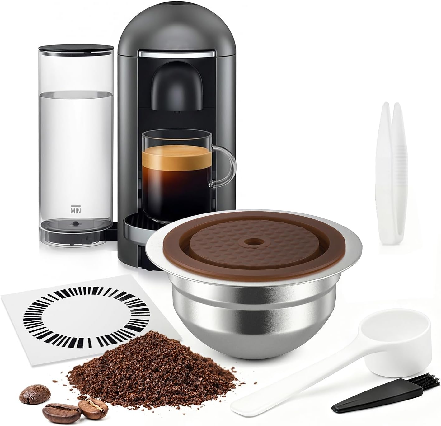 Skiennix Stainless Steel Reusable Coffee Pods - Compatible with Nespresso Vertuo | 4 Barcode Stickers & Silicone Lid (230ML)