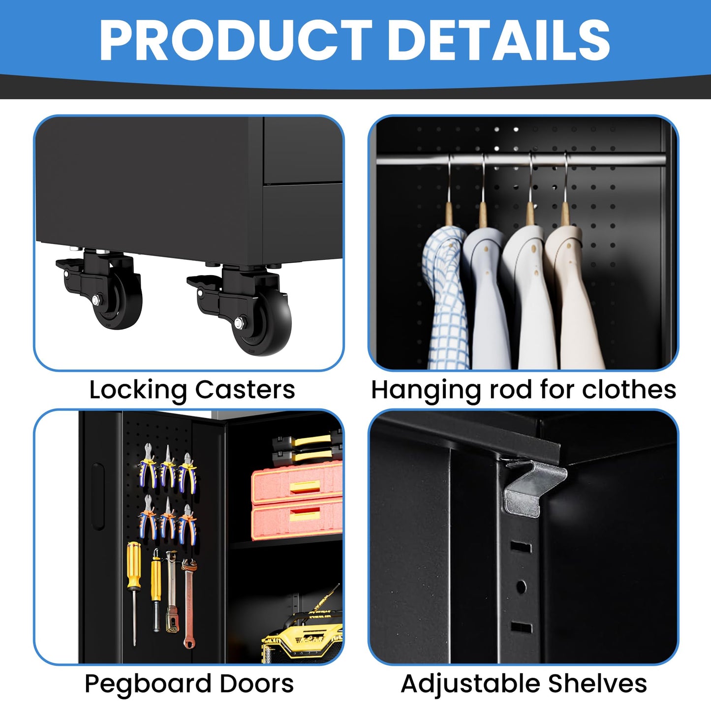 BIZOEIRON Metal Garage Storage Cabinet with Pegboard and Hanging Rod, 71'' Tall Metal Broom Closet Storage Cabinets, Rolling Tool Cabinet on Wheels for Garage, Utility Room (Black)