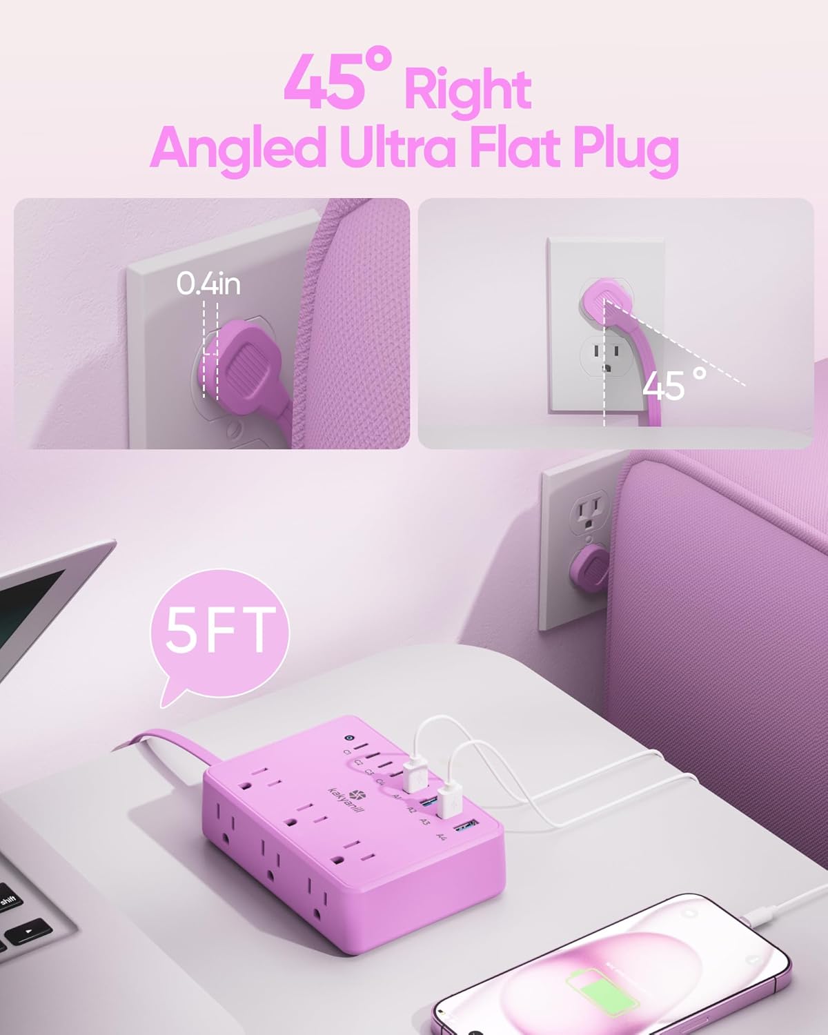 kakyanill 6 8 Ports(4 2000J 5ft Purple Power Strip, AC Outlets USB USB C) with Surge Protector, Flat Plug Purple