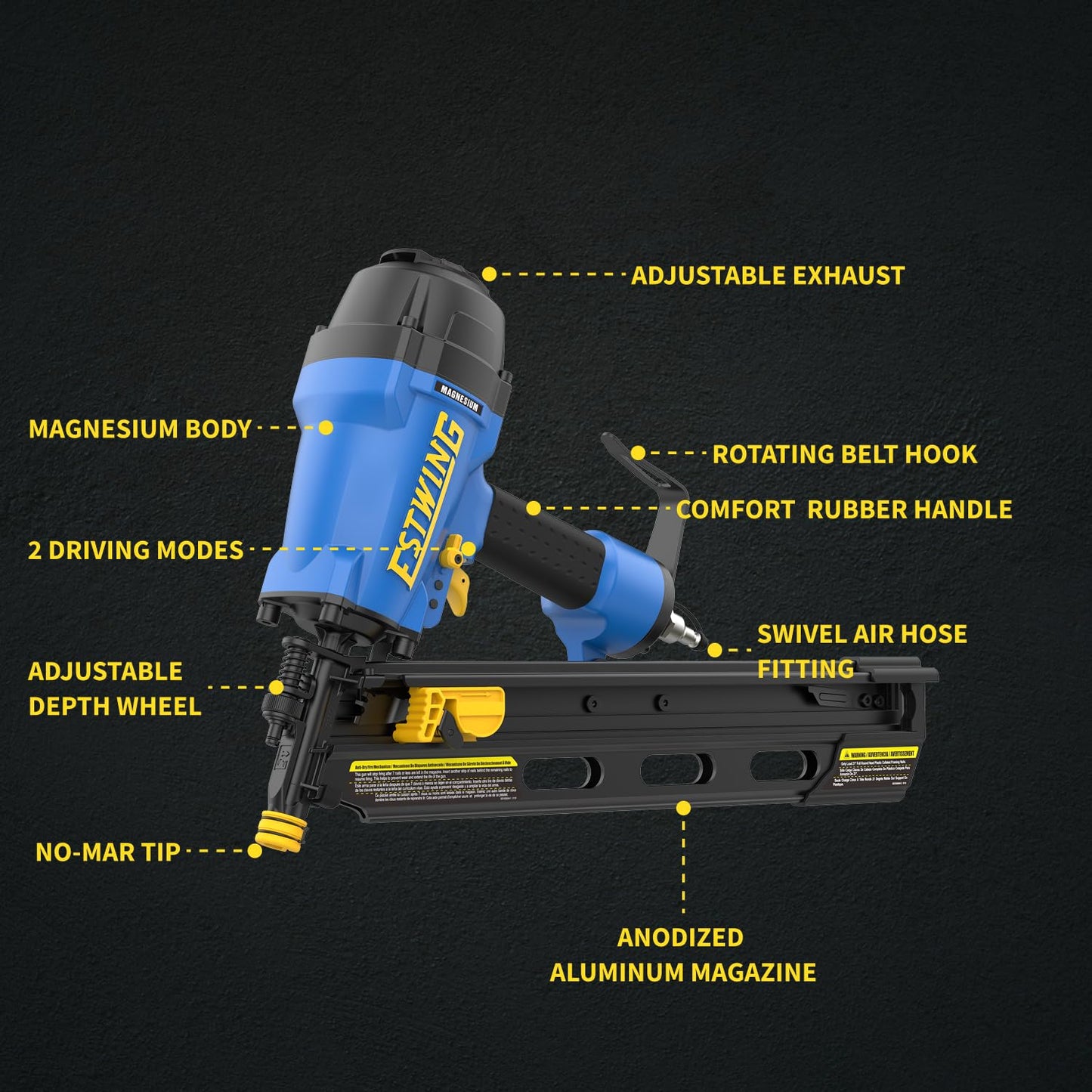 Estwing Pneumatic 21 Degree Framing Nailer, 2”–3-1/2” Framing Nails, Lightweight Magnesium Nail Gun with Depth Adjustment, Dual Trigger & Swivel Fitting, Includes Belt Hook & Carry Bag, EFR2190