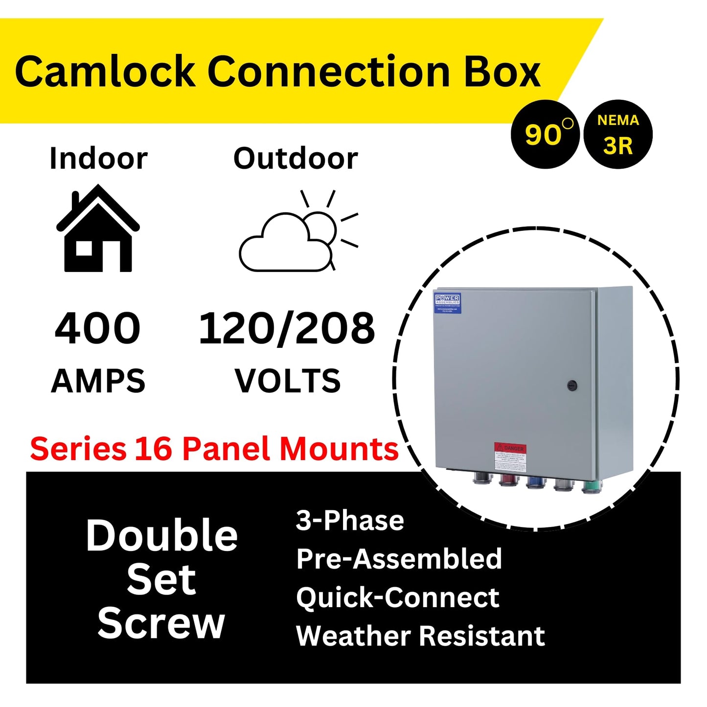 Power Assemblies Camlock Connection Box, 400 Amp, 120/208V, 3 Phase, 4 Wire, NEMA 4/12 Box with Camlock Series 16 Male Inputs, Double Set Screw Wall-Mount Power Distribution Box, BLK/RED/BLU/WHT/GRN