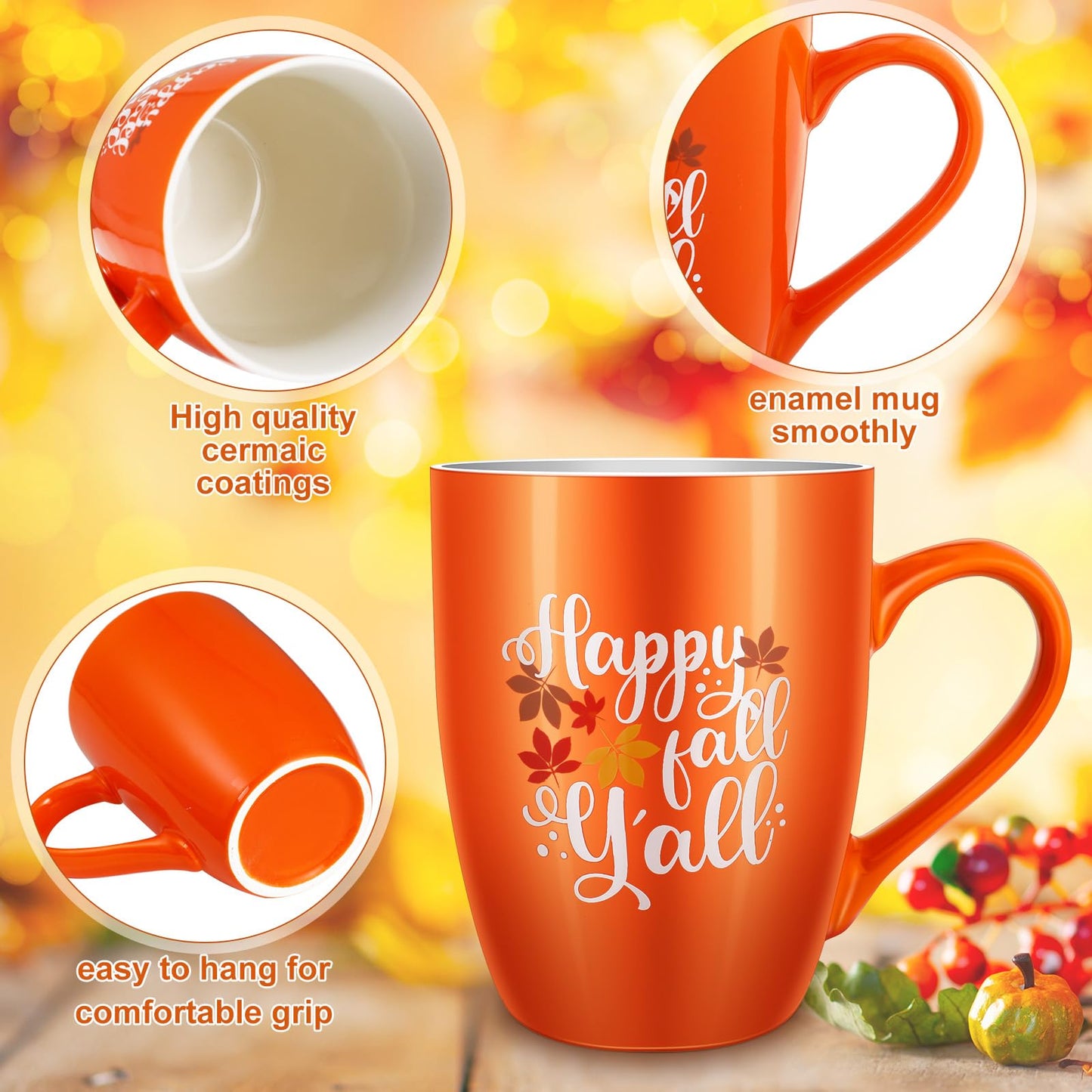 Funtery 4 Pcs Thanksgiving Coffee Mugs Fall Mugs Autumn Pumpkins Cups Happy Fall Y'all Coffee Mug Good Morning Pumpkin Cup Camp Mug Campfire Mug Ceramic Cup for Home Women Men Mom Dad (Orange,White)