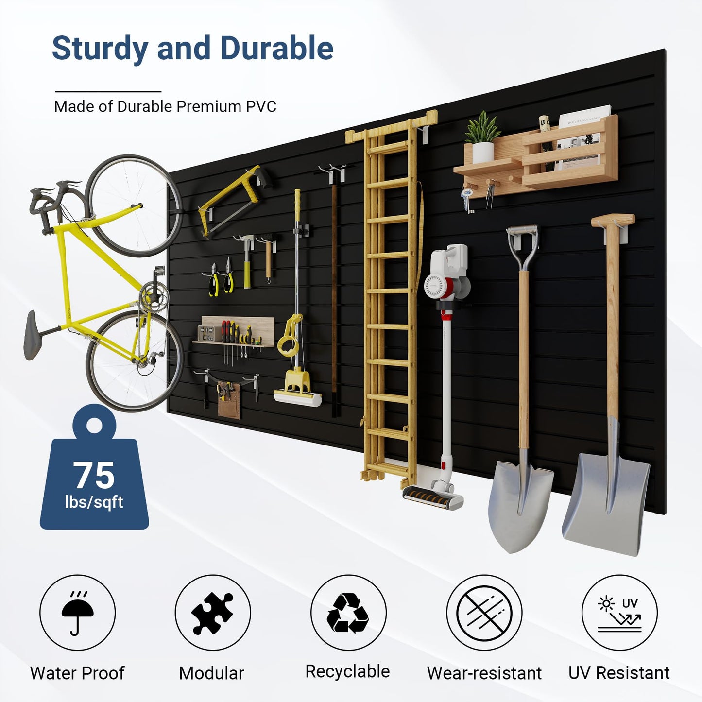 Neoaider Slatwall Panel 8 FT x 4 FT, Interlocking Slat Wall Paneling, Wall Mounted PVC Wallpanel, Suitable for Garage Storage and Organizer, Slatwall Board, Shelves - Black