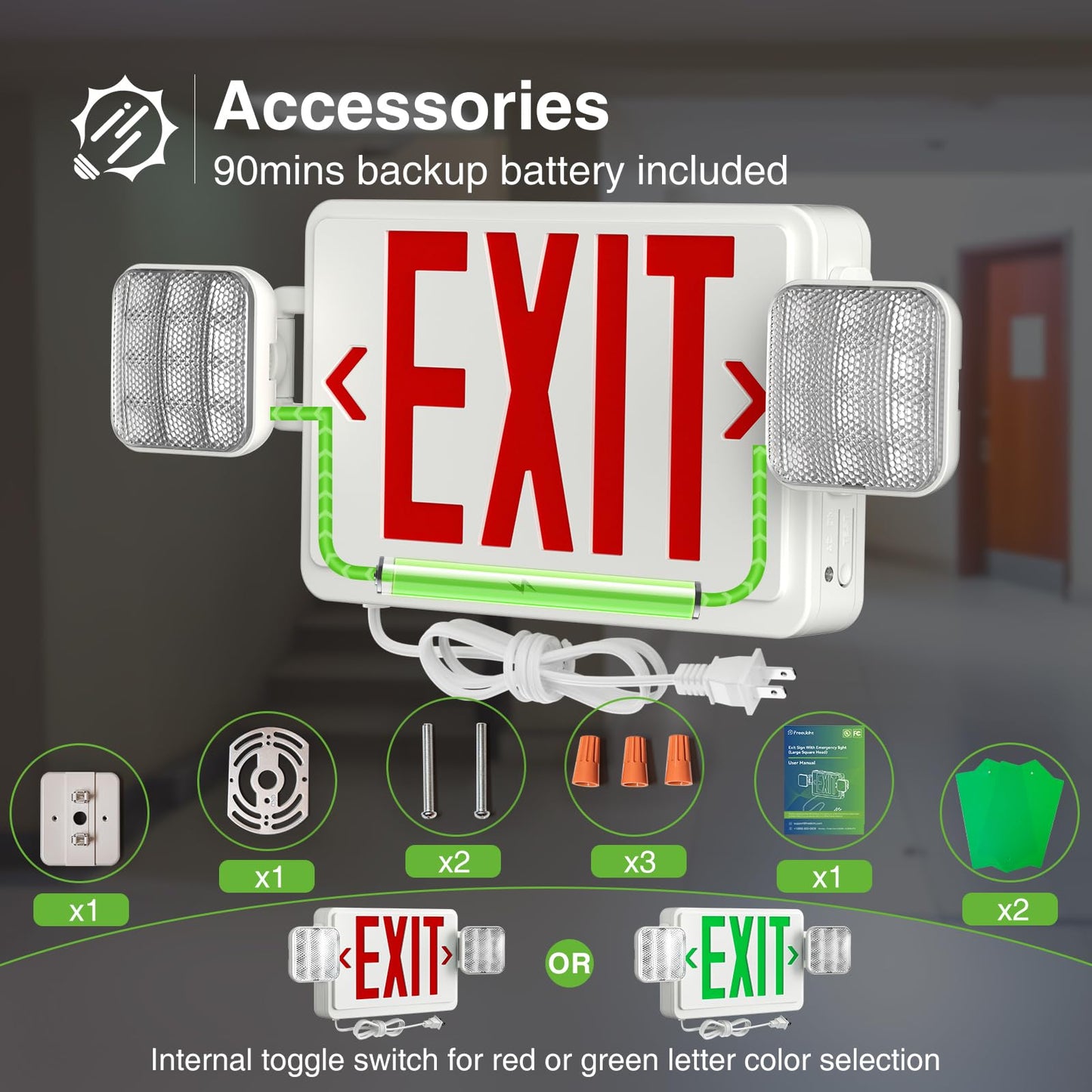 FREELICHT 2 Pack Red Exit Signs with Emergency Lights, 4FT Plug in Cord, Exit Sign with Battery Backup Lights for Business, Two LED Adjustable Head Emergency Exit Light, AC 120V