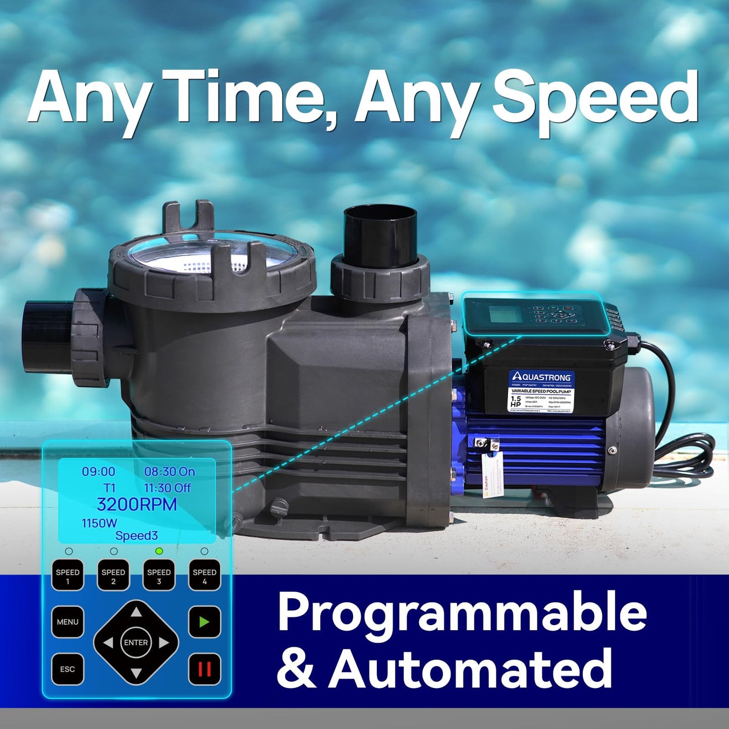 Aquastrong Variable Speed Pool Pump In/Above Pool Pump Energy Efficient High Flow Powerful Self Primming Swimming Pool Pumps with Filter Basket,Dark Black