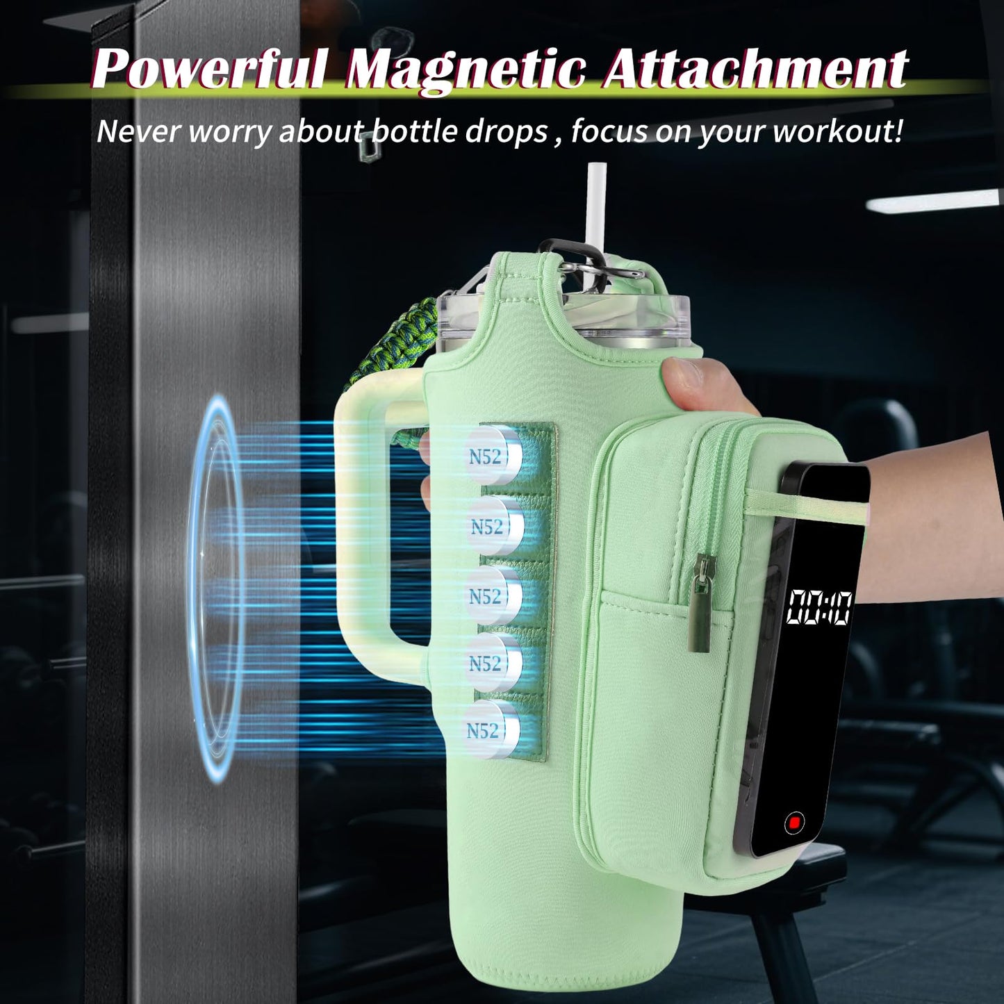 Magnetic Gym Bag for Men Women, Water Bottle Carrier Holder with Strap for Stanley, Small Bag Accessories pouch with N52 (Green)
