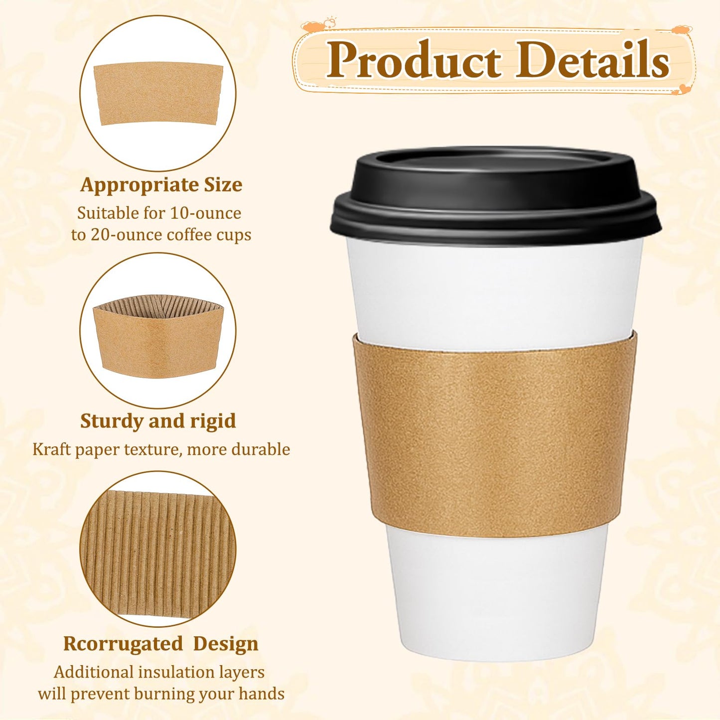 Bruislard 200 Packs Disposable Coffee Cup Sleeves for Hot or Cold Drinks, Coffee Holder Sleeves, Paper Corrugated Cups Jackets, KraftPaper Cup Sleeve Fit for 8oz 10oz 12oz 16oz 20oz Cups