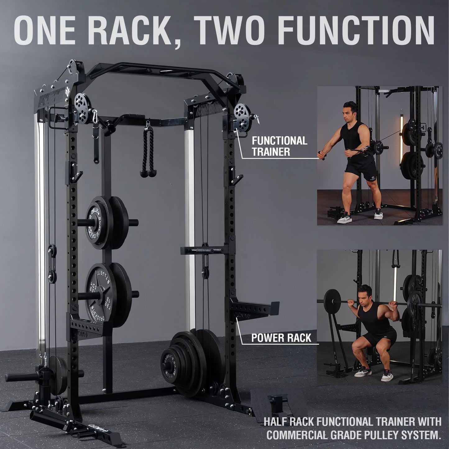 Mikolo Power Cage, 2000LB Power Rack with Independent Dual Pulley System, Multi-Function Home Gym Workout Machine for Cable Crossover (Black 001)