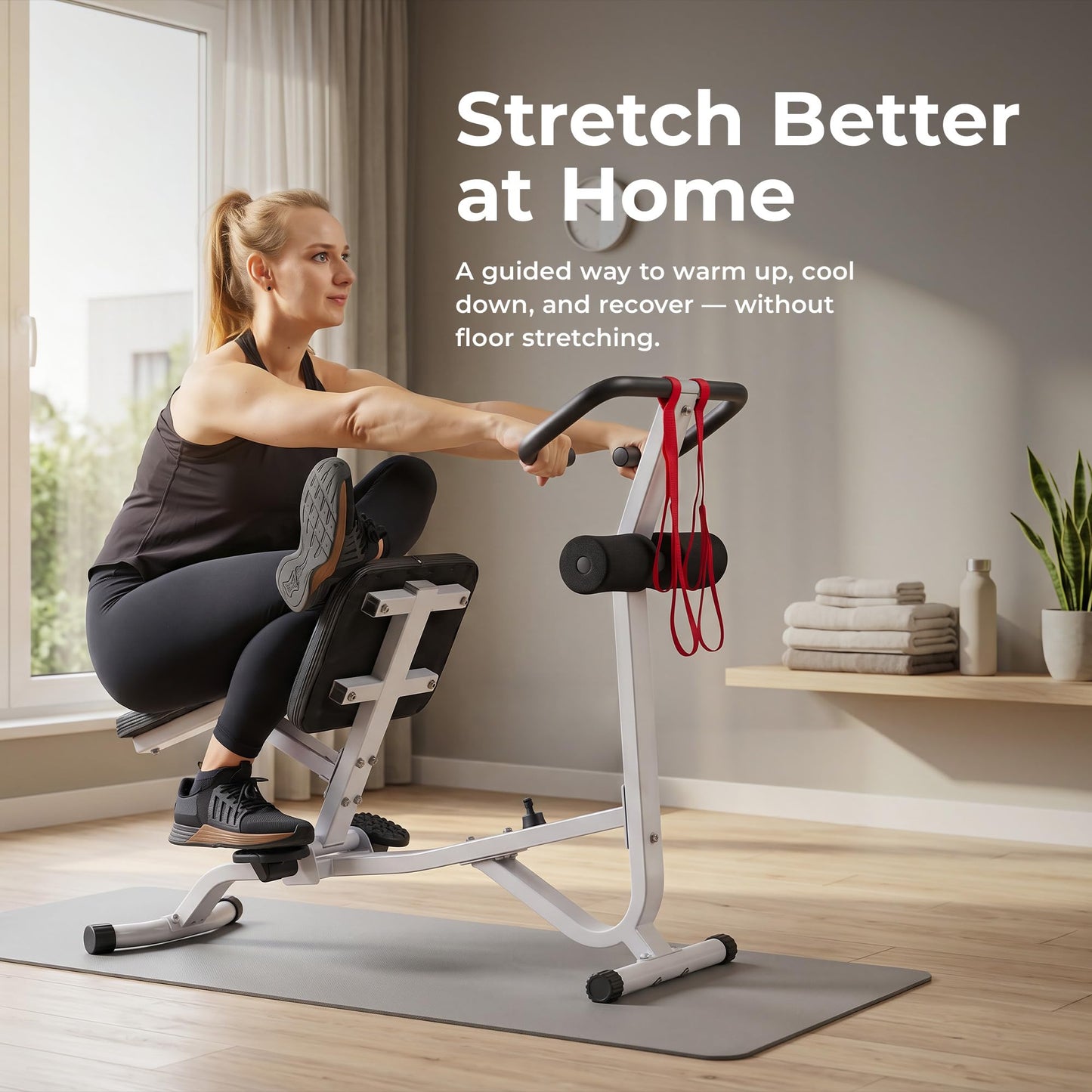 Sunny Health & Fitness Full Body Stretch Machine for Home, Back Stretcher & Flexibility Trainer with Pivoting Seat, Foam Rollers, Safety Straps & SunnyFit App - SF-BH621802