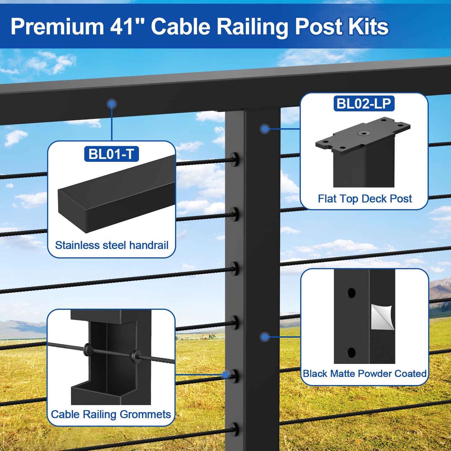 BLIKA 12FT-20FT Complete Set 42" Cable Railing Post Kit, Black Level Drilled Cable Railing Post, Swageless Cable Railing System Include 4Pack Level Posts, 1/8" 300FT Stainless Steel Cable(No Handrail)