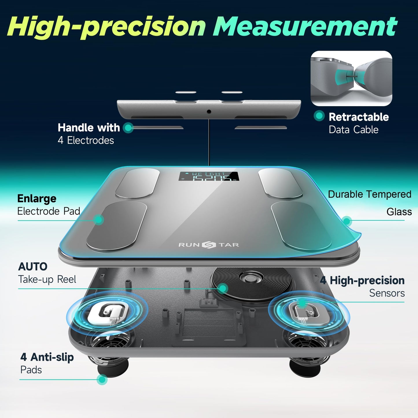 RunStar Digital Bathroom Scale for Body Weight, Body Fat, BMI 28 Measurements, Innovative 8-Electrode Smart Scales FSA&HSA Eligible with Voice Prompt Function High Accurate Bluetooth Weight Machine