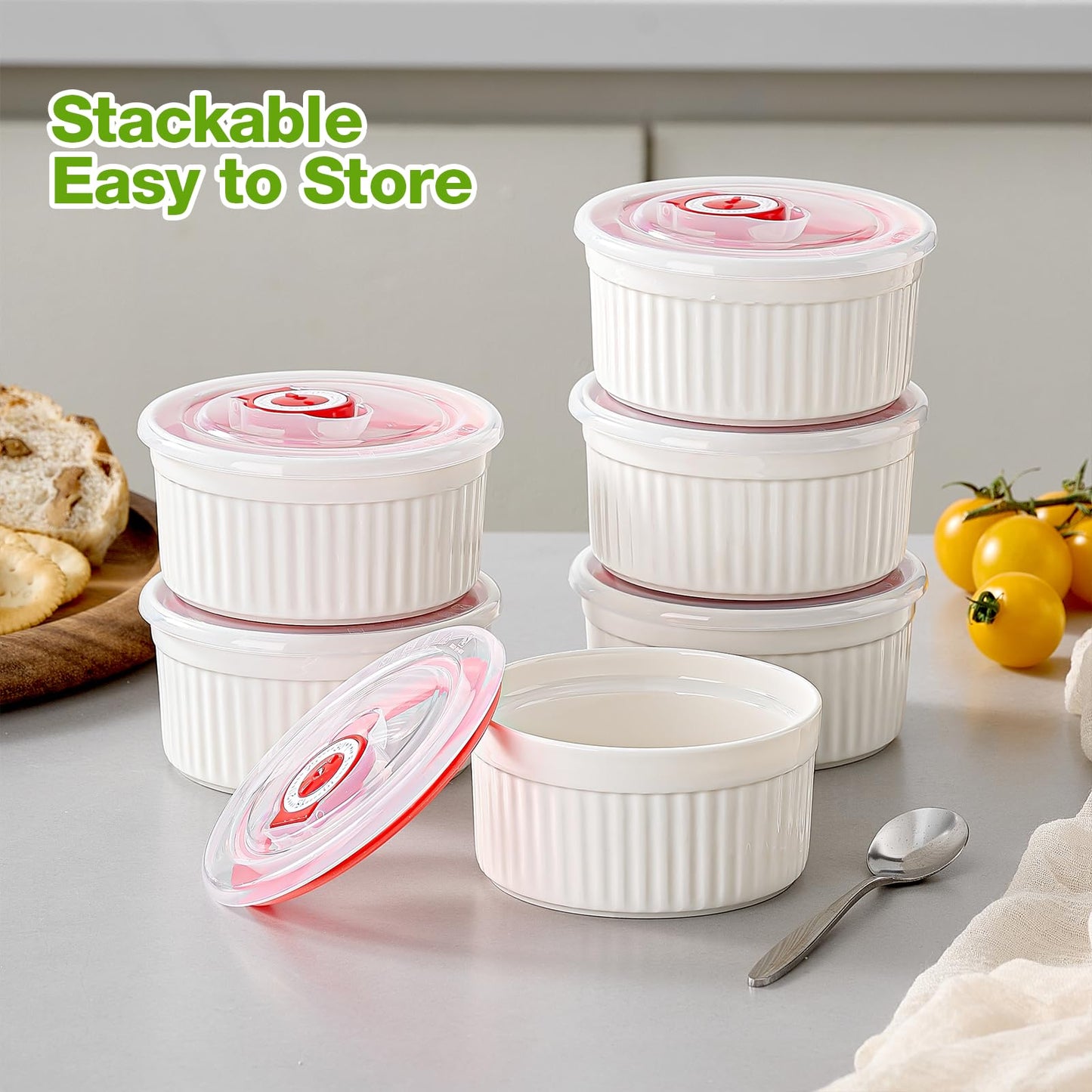 Mfacoy Ramekins with Lids Set of 6, 8 oz Porcelain Creme Brulee Souffle Ramekins with Covers, White Pudding Custard Cups Ramiken for Baking, Small Bowls for Sauces Dessert, Dishwasher and Oven Safe