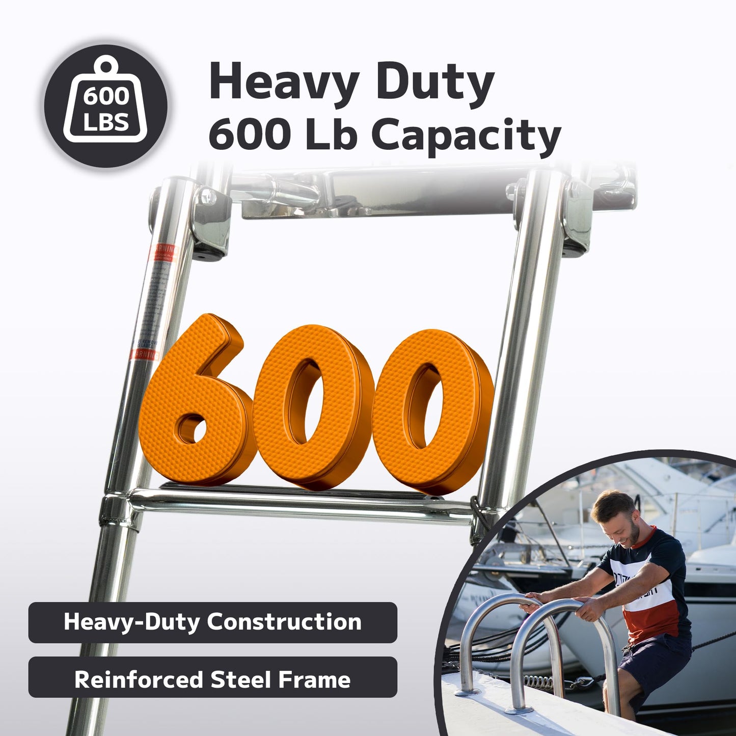 Manumarine 4 Step Heavy Duty 316 Stainless Steel Boat Ladder | Telescoping Folding Rear Entry Dock Swim Deck Ladder with Handrails & Extra Wide Steps, 600lbs Capacity Marine Grade