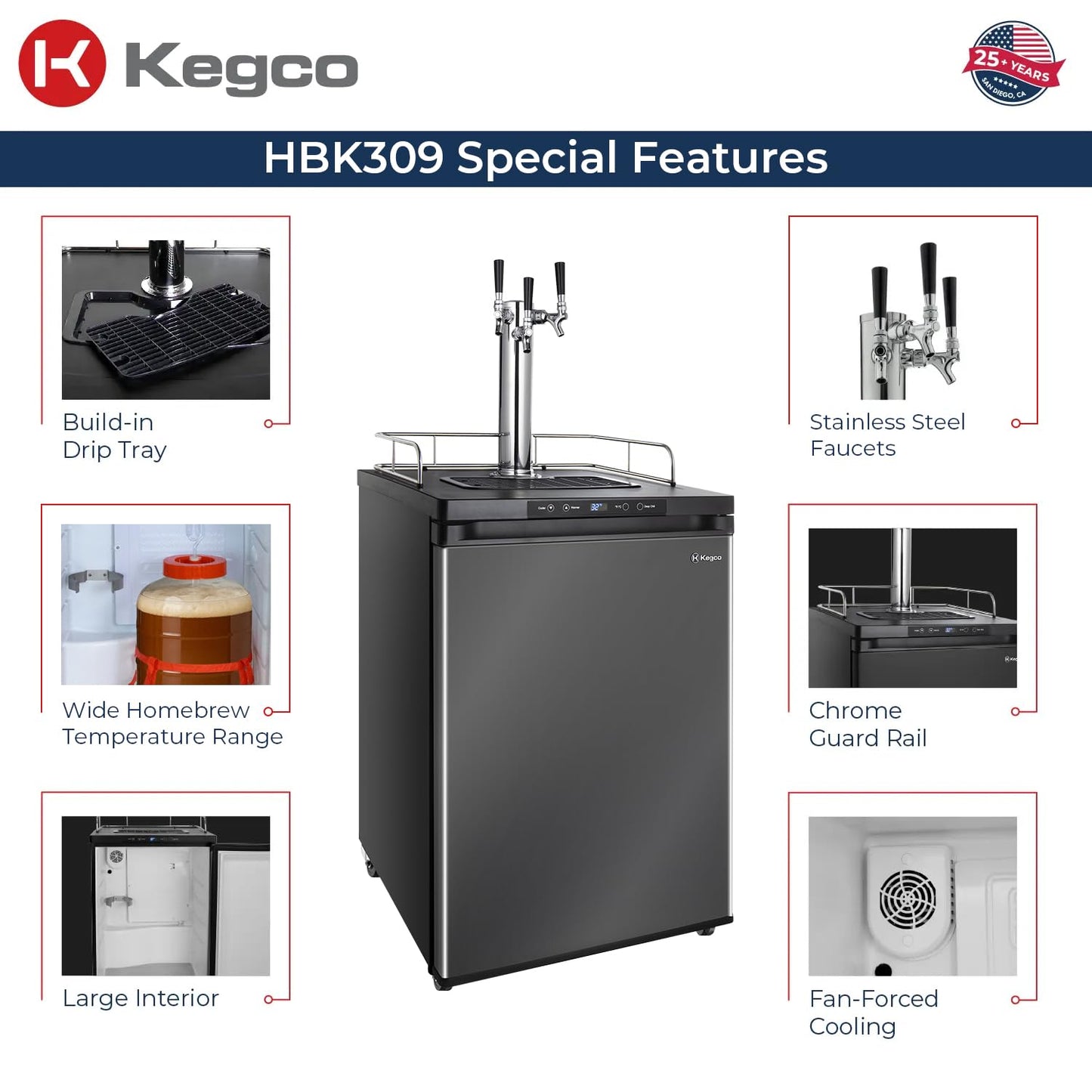 Kegco HBK309X-3 Keg Dispenser, 3 faucet without kegs Black Stainless Steel