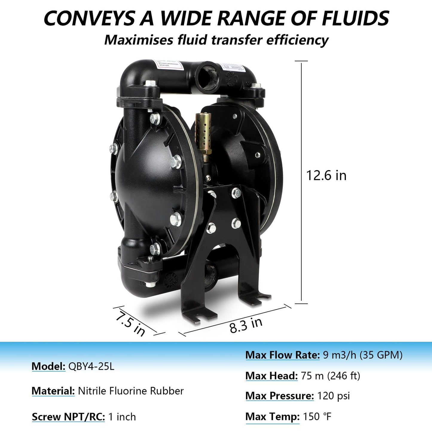 FAHKNS 35GPM 120PSI Air-Operated Double Diaphragm Pump QBY4-25L 1 Inlet Outlet Port For Environmental Protection Drainage Construction Petroleum Chemical Pharmaceutical Electric Power