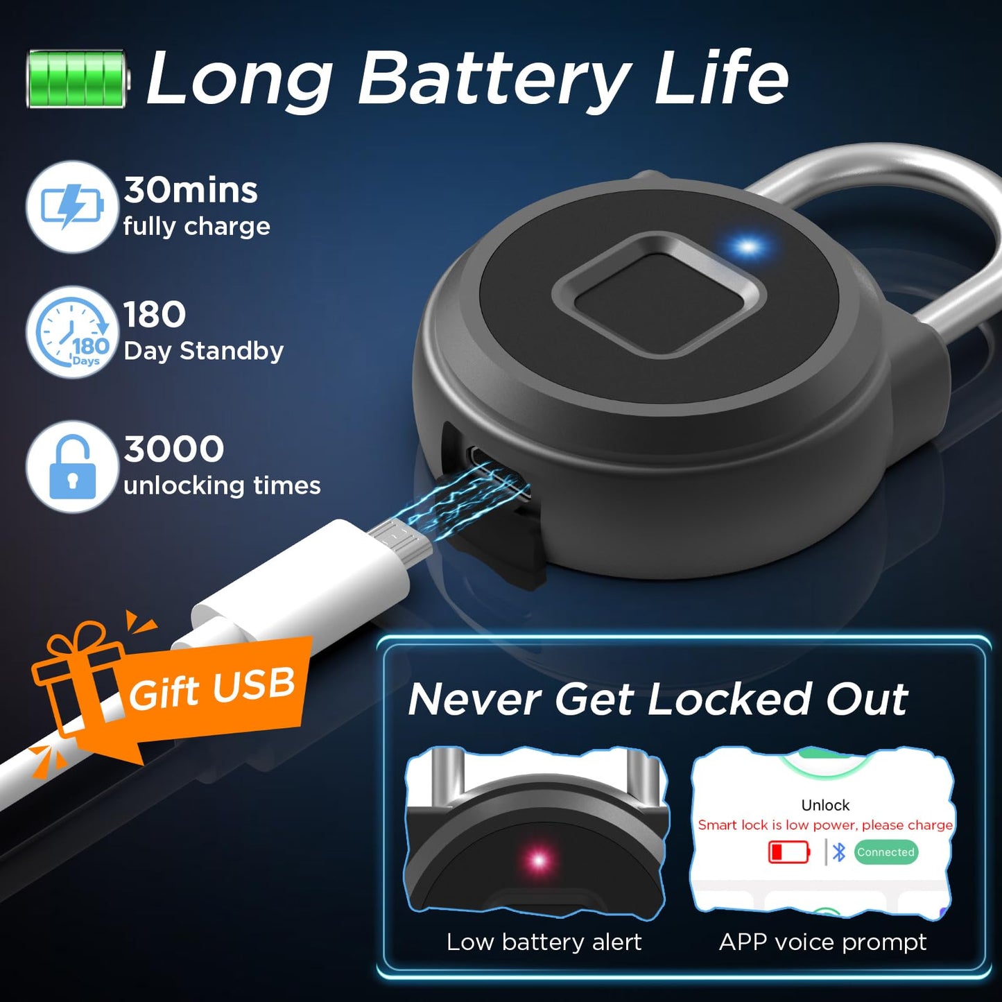 Fingerprint Lock, Dhiedas Gym Locker Lock with Fingerprint Bluetooth APP, Biometric Finger Print Padlock with Keyless, Waterproof Smart Padlock for Locker School Suitcase Cabinet Storage
