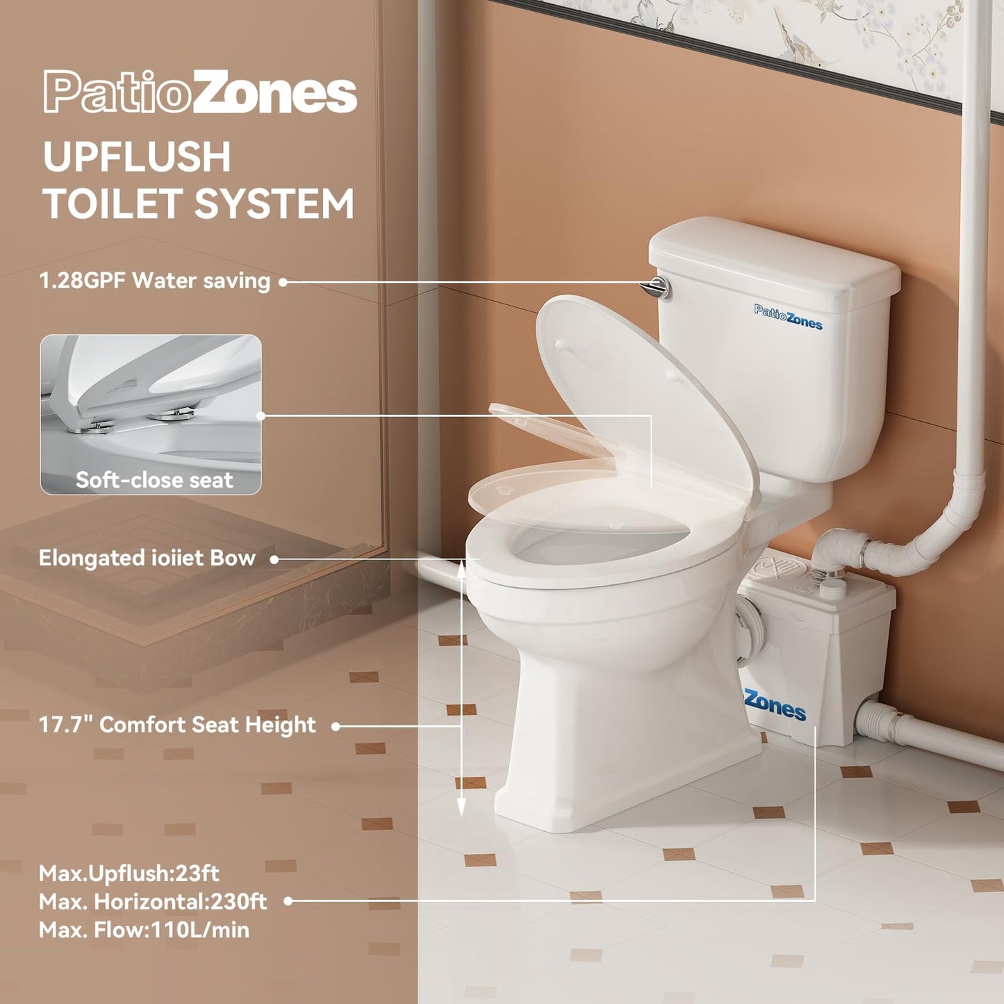 2026 Macerating Toilet System, 17.7" Tall Elongated Toilet with Grinder Pump for Basement Bathroom Sink/Shower/Laundry Wastewater Upflush, Quiet Copper Motor, Less Consumption, Nano-glaze Coating