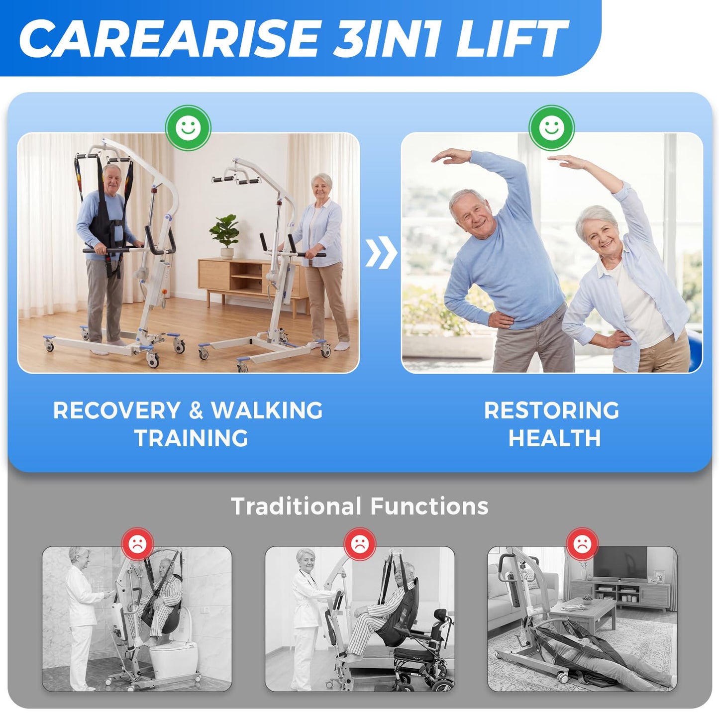 Carearise 3IN1 Electric Patient Lift - Body Transfer & Assisted Walking Mode, Battery Powered Stand Up Lift with 2 Slings, Multi Functional Mobility Aid for Elderly Disabled Home Rehabilitation