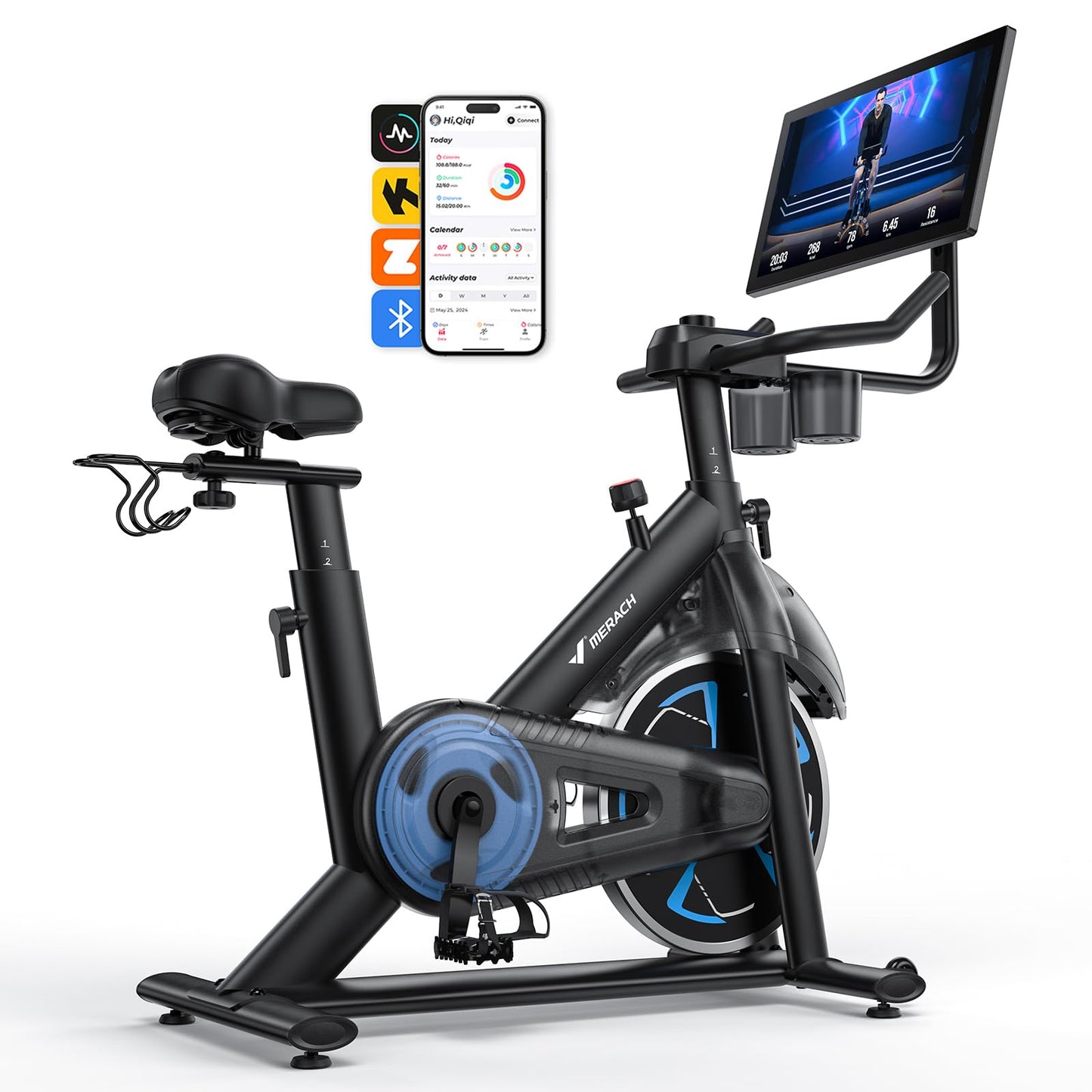Merach Magnetic Exercise Bike with 21.5" HD Display & Auto Resistance, Low Noise Stationary Bike for Home with Comfortable Seat Cushion, Spinning Bike with Exclusive App