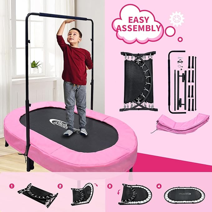 Nattork 56" Kids Trampoline Indoor, Double Trampoline with Adjustable Handle for Kids, Indoor/Outdoor Foldable Jumper, Max Load 220lbs