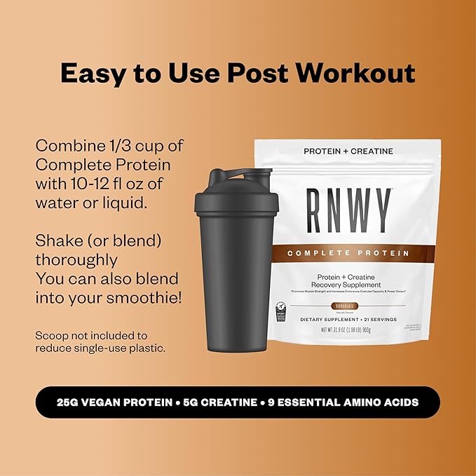 RNWY 25g Chocolate Protein + 5g Creatine Powder, Vegan Plant-Based Protein with Digestive Enzymes to Build & Recover, 21 Servings