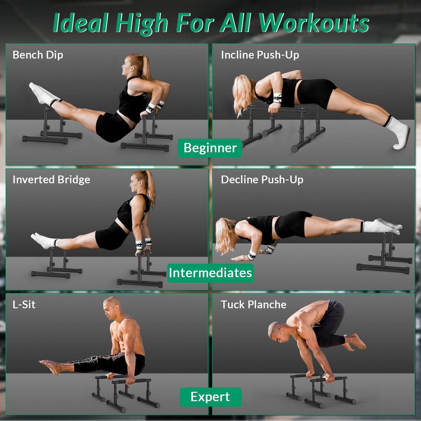 IMAYCC Push Up Bar, Adjustable 7.5" and 10.6" High Parallettes Bars & Dip Bar With Full-Cover Foam Grips, No Wobbling Calisthenics Equipment For Handstand, L-Sit, Gymnastics, Strength Training Home Gym
